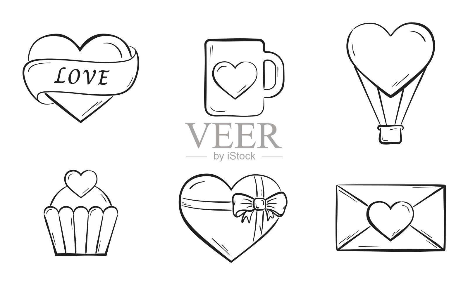 手绘情人节套装。爱情、爱心、热气球、蛋糕和信封符号。情人节设计元素插画图片素材