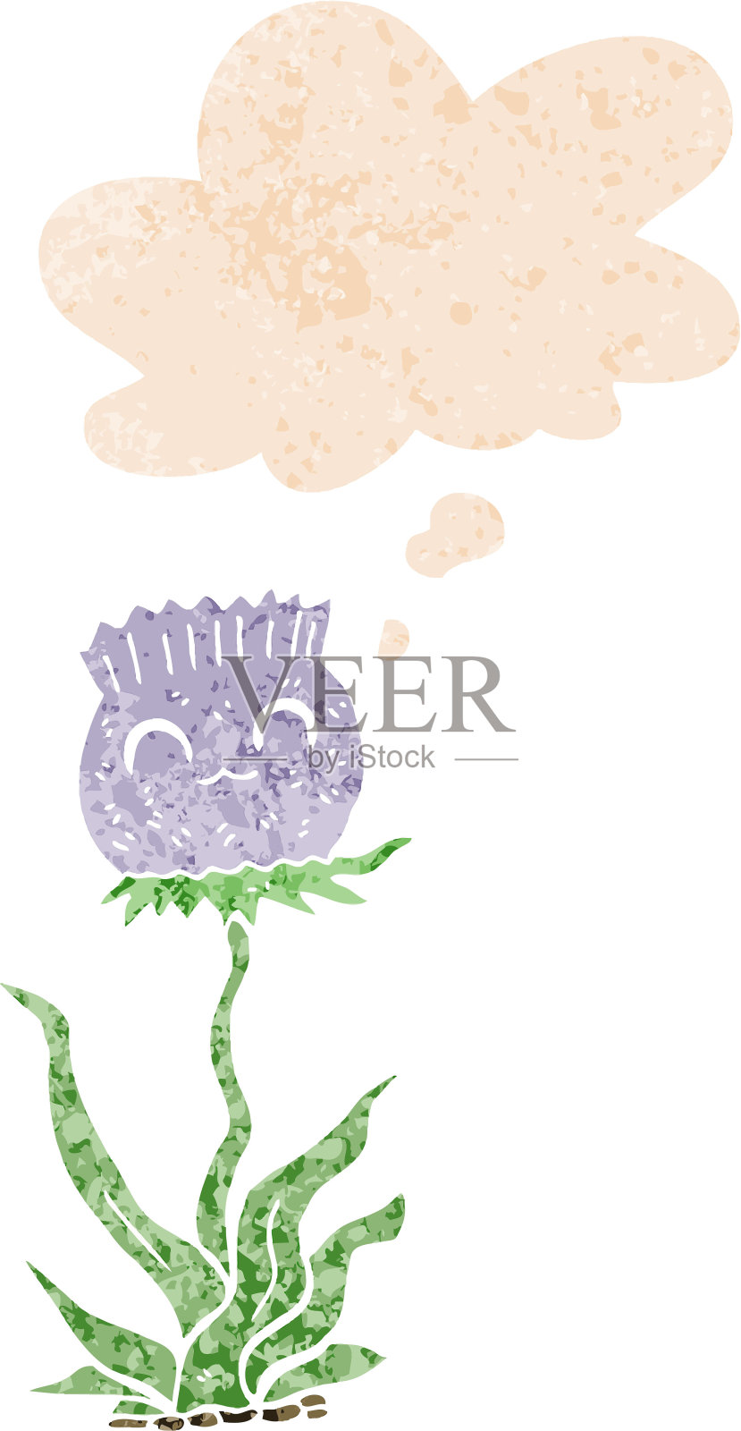 卡通蓟与思想泡沫在垃圾摇滚苦恼复古纹理风格插画图片素材