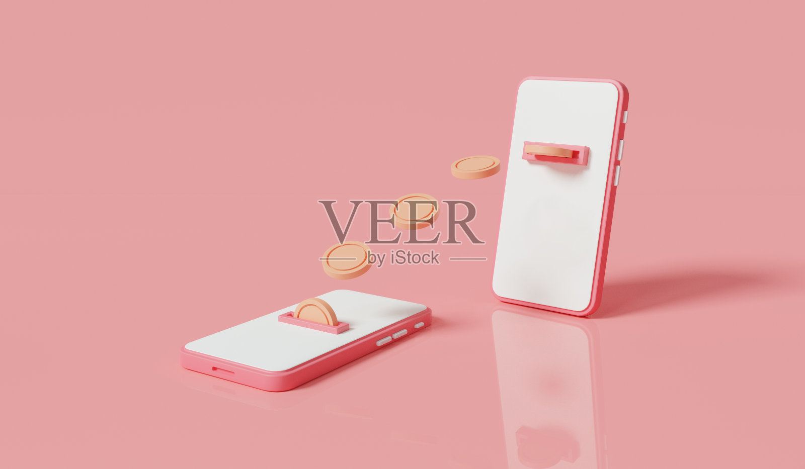 在粉红色背景的手机上转账。网上货币，网上支付，金融储蓄，商业金融，手机银行。网站,横幅。货币交易概念。三维图标渲染图照片摄影图片