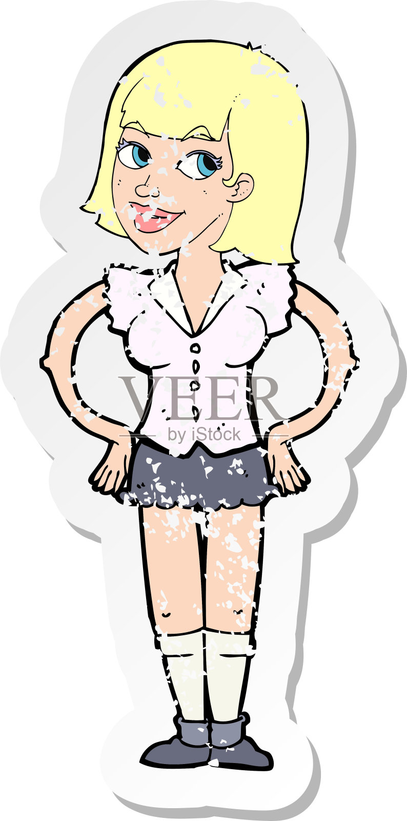 一个手放在臀部的卡通女人的复古心疼贴纸插画图片素材