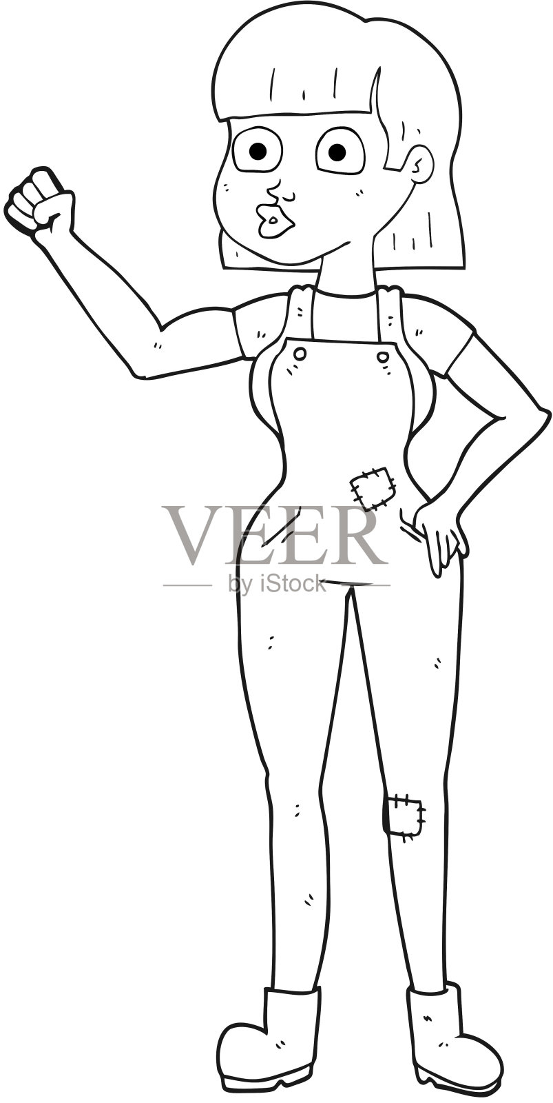 手绘黑白卡通女子紧握拳头设计元素图片