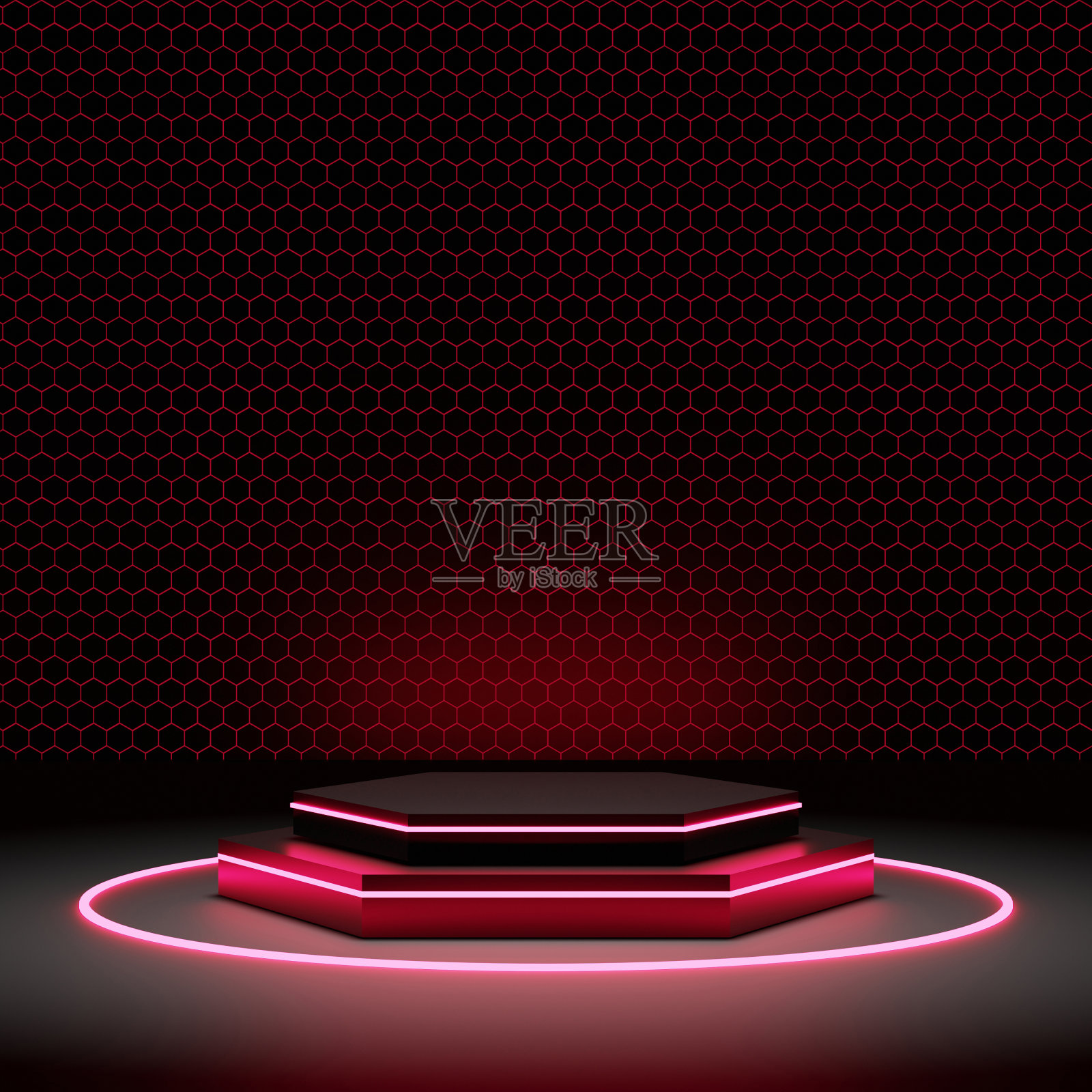 红色灯光圆形讲台和红色灯光六边形背景模拟，3D渲染照片摄影图片