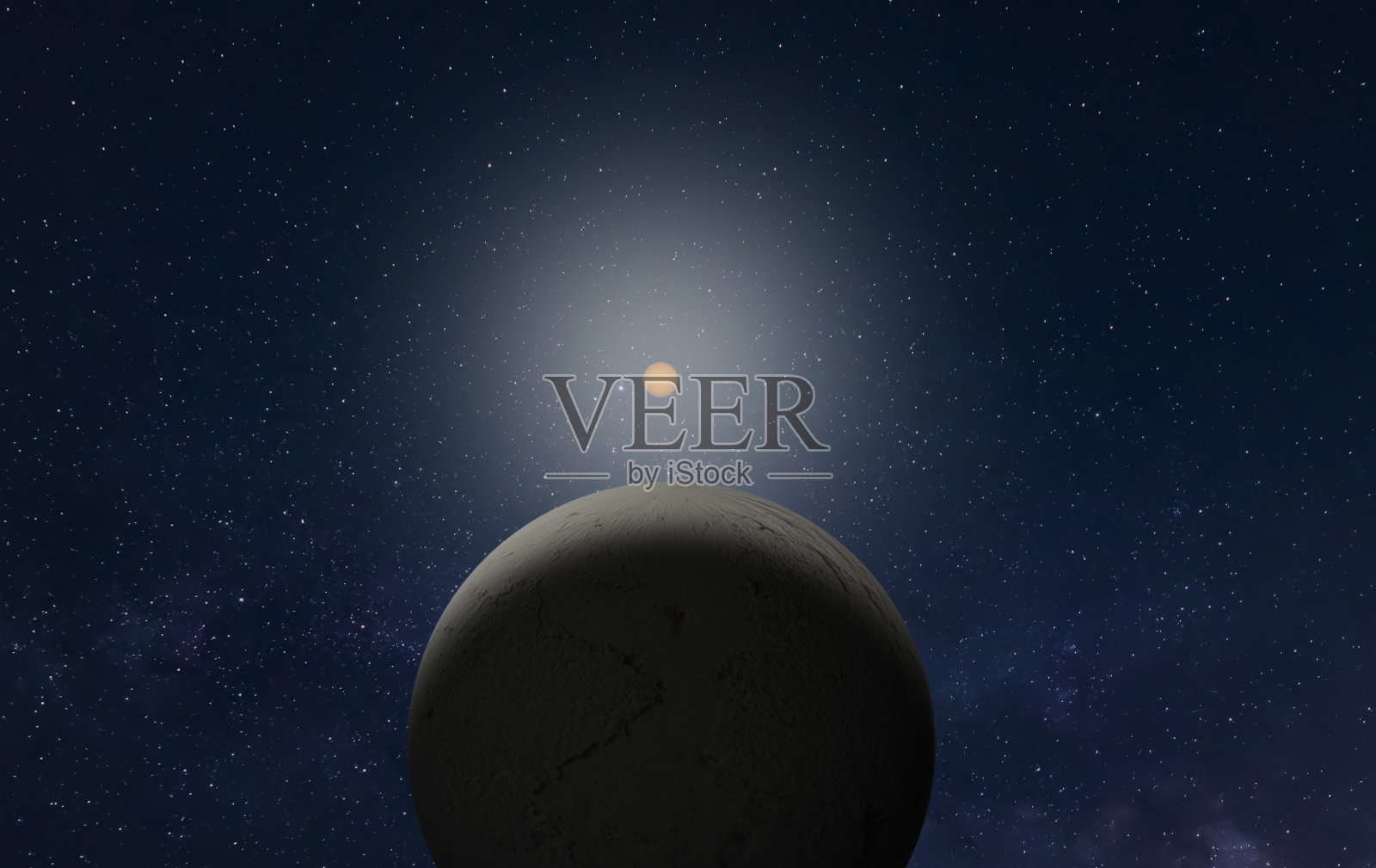 岩石系外行星，有陨石坑和大气层。银河背景照片摄影图片