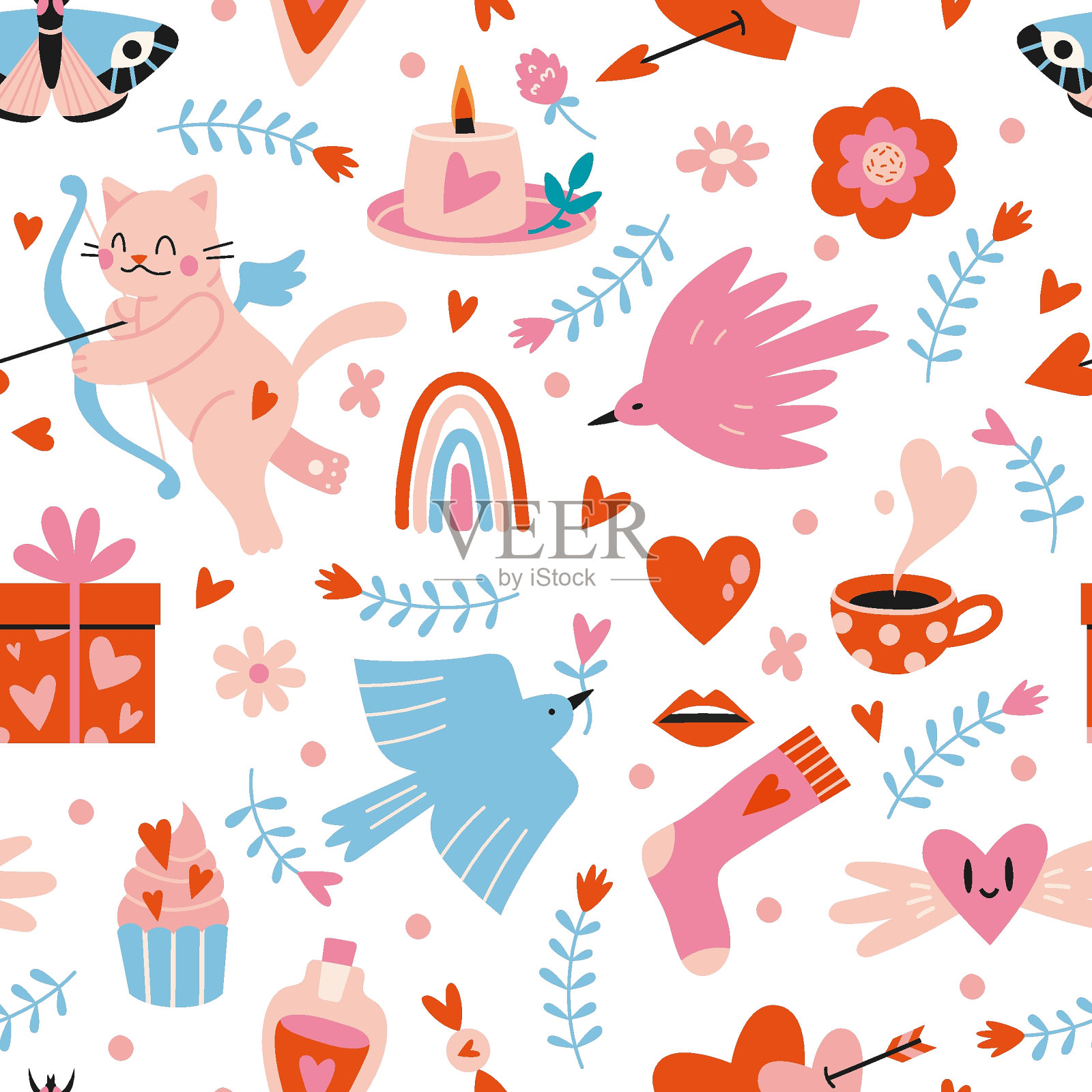 圣瓦伦丁无缝图案搭配可爱浪漫元素，白色背景，卡通风格。时髦的现代矢量插图，手绘，平面插画图片素材