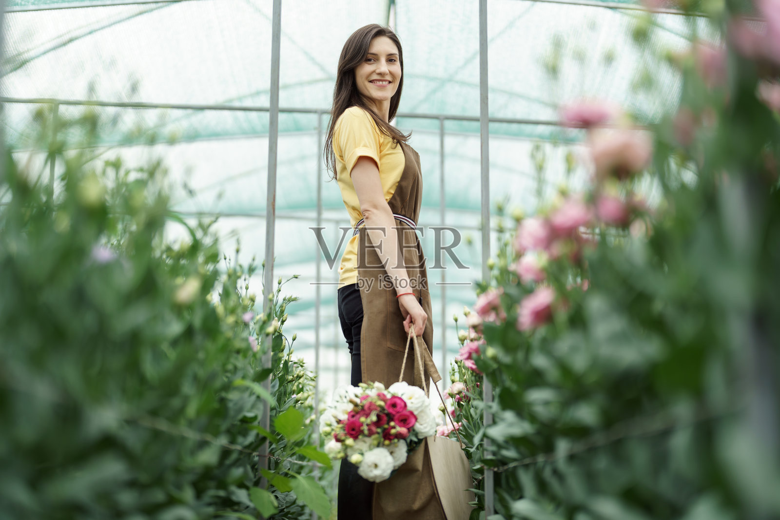 种花做生意，女人走过温室看收获。照片摄影图片