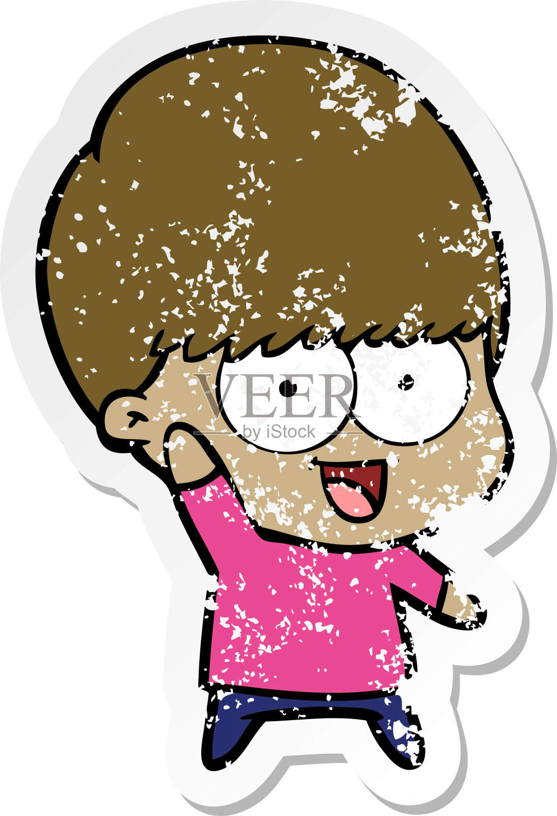 一个快乐的卡通男孩挥手的心疼贴纸设计元素图片