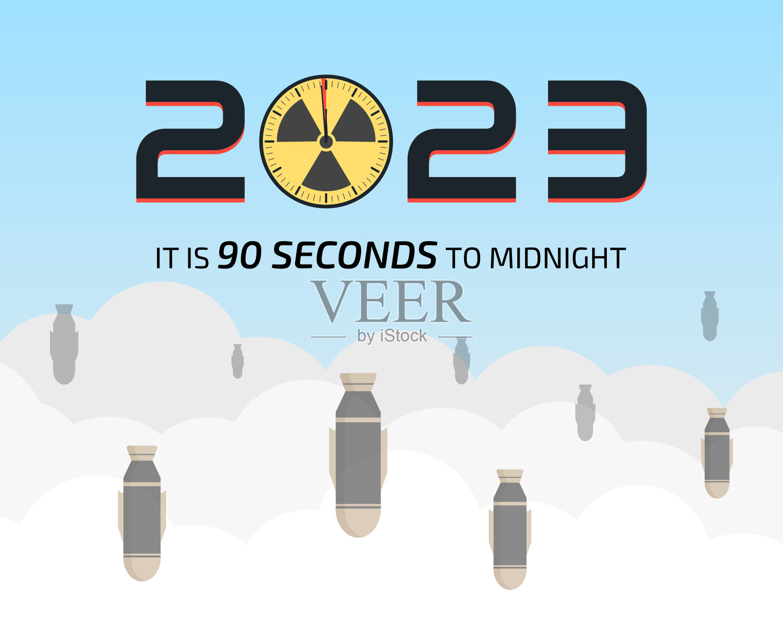 还有90秒就到午夜了。末日警报海报。末日时钟。在多云的天空中落下的火箭。全球灾难的象征，世界末日的标志。插画图片素材