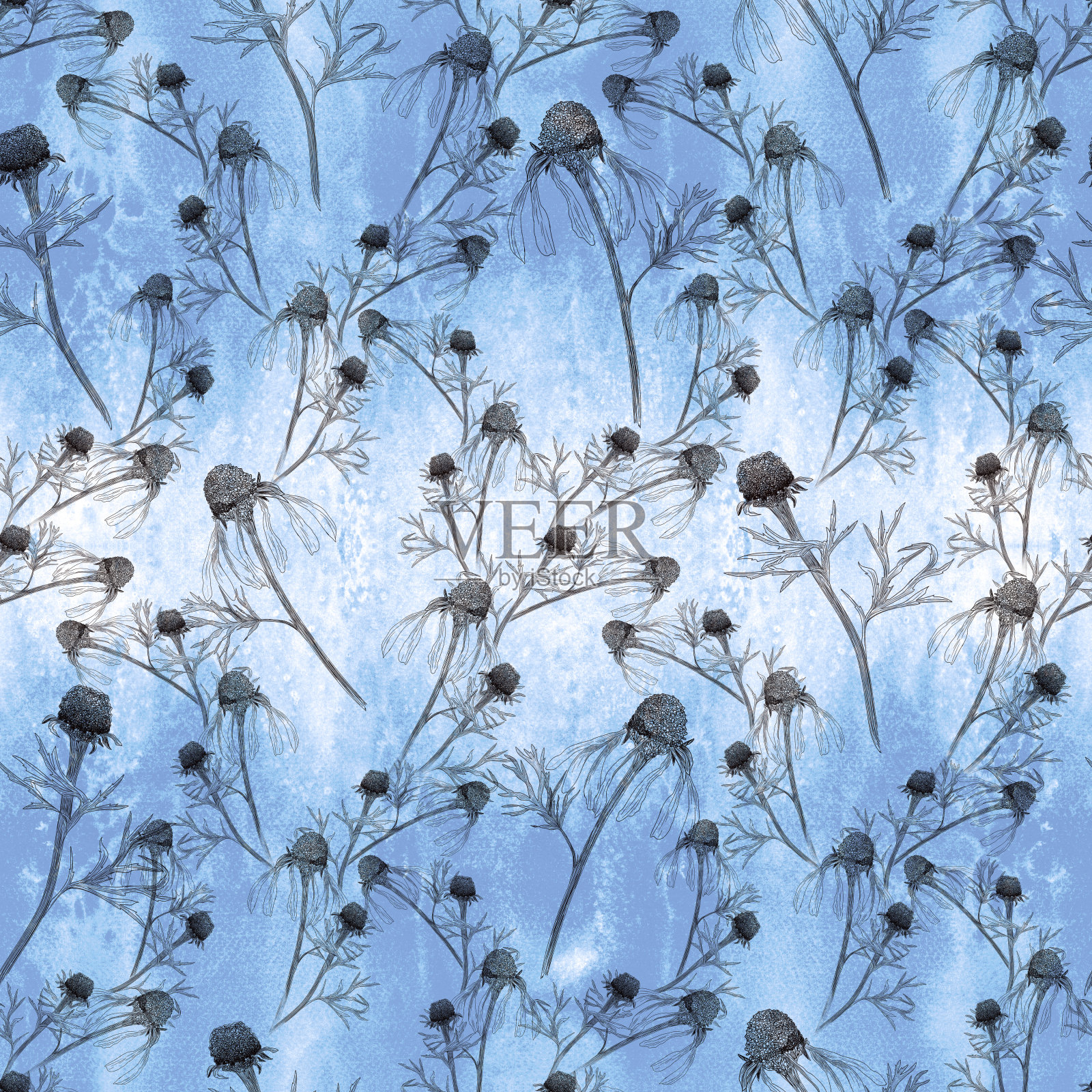 雏菊——一种装饰性的成分。无缝模式。水彩插图。装饰性的构图。利用印刷材料、标志、物品、网站、地图。插画图片素材