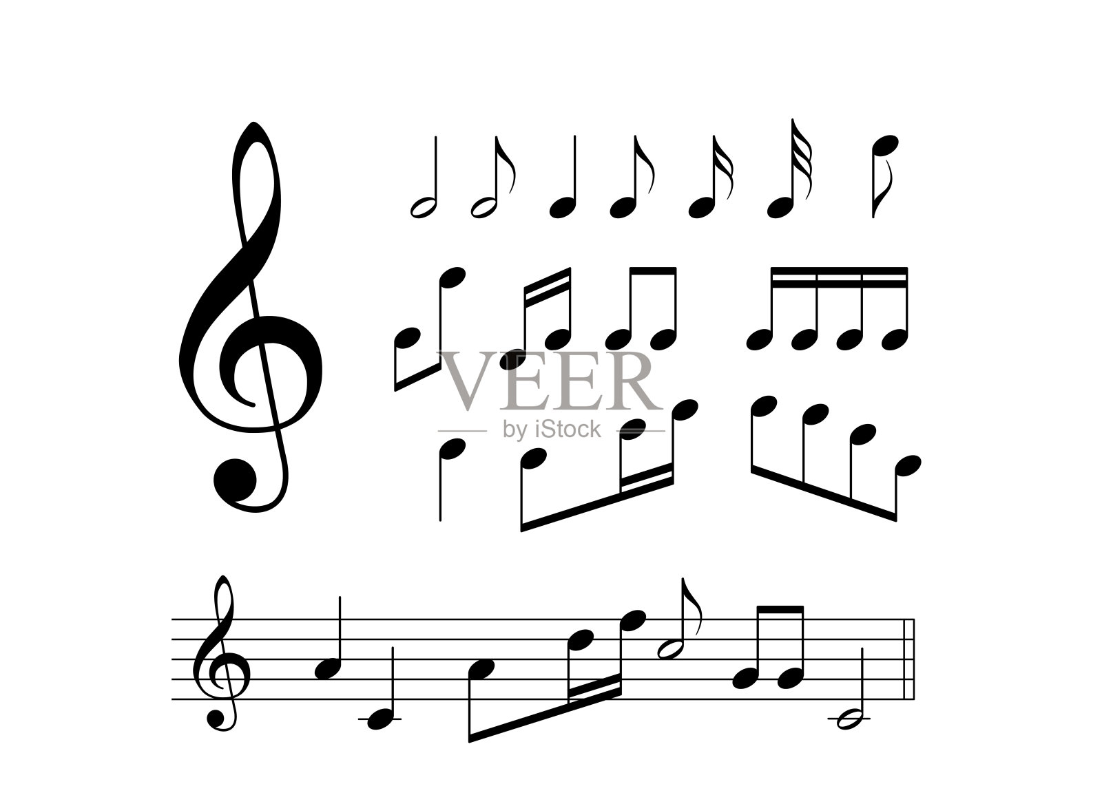 乐谱，矢量图。五线谱关键元素孤立在白色背景上。声音风格设计设计元素图片