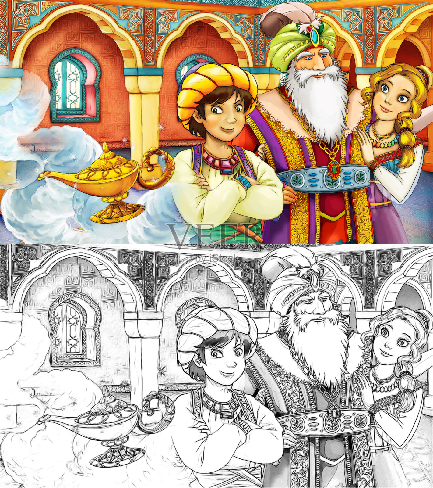 王子在城堡房间的卡通场景-插图插画图片素材