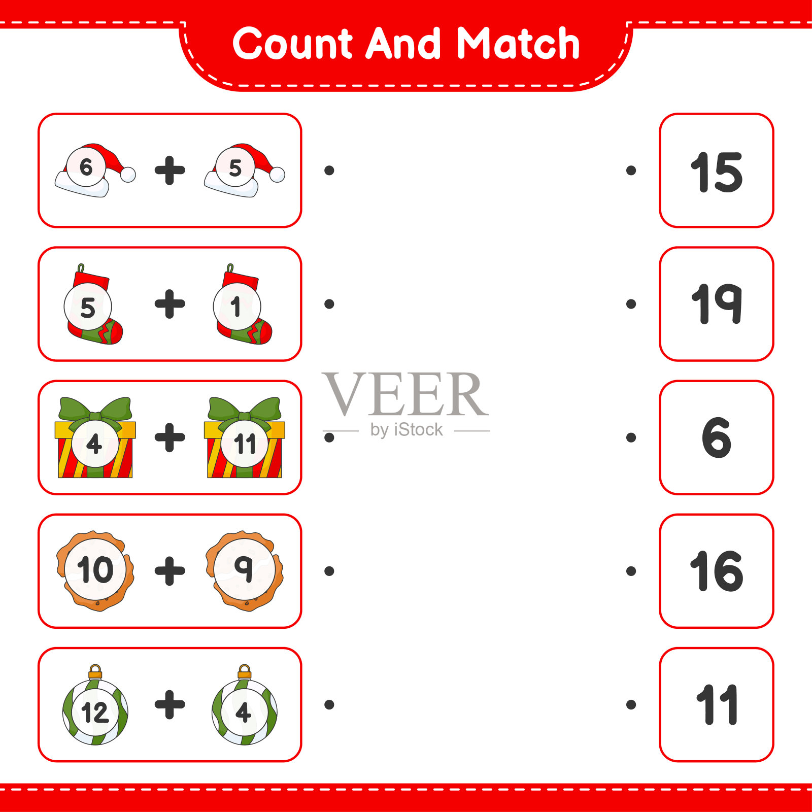 数和匹配，数圣诞球，帽子，袜子，礼盒，饼干的数量，并与正确的数字匹配。教育儿童游戏，可打印的工作表，矢量插图插画图片素材