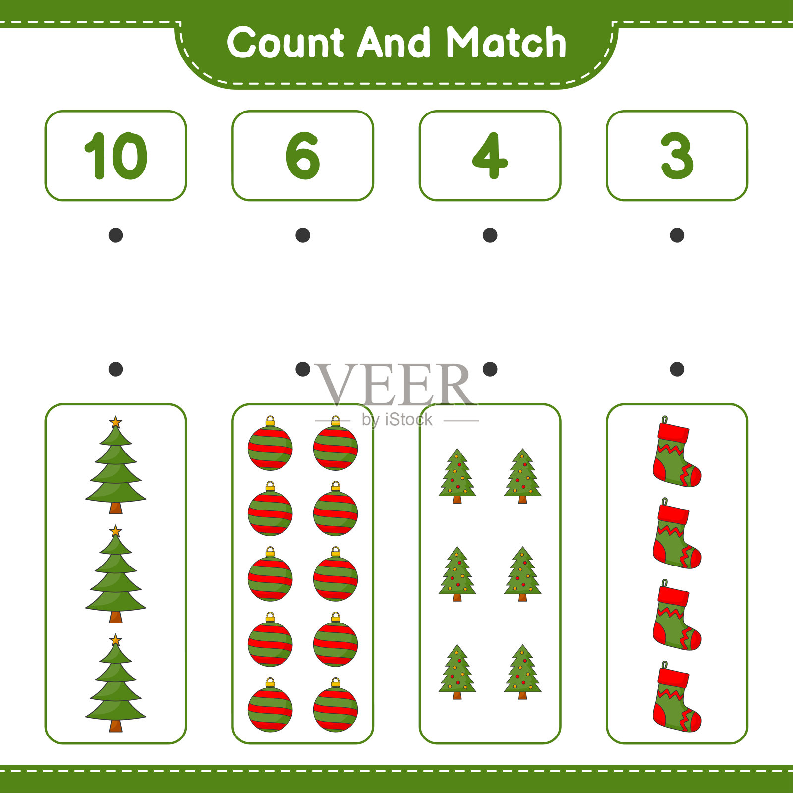 数和匹配，数圣诞树，圣诞球，圣诞袜的数量，并与正确的数字匹配。教育儿童游戏，可打印的工作表，矢量插图插画图片素材