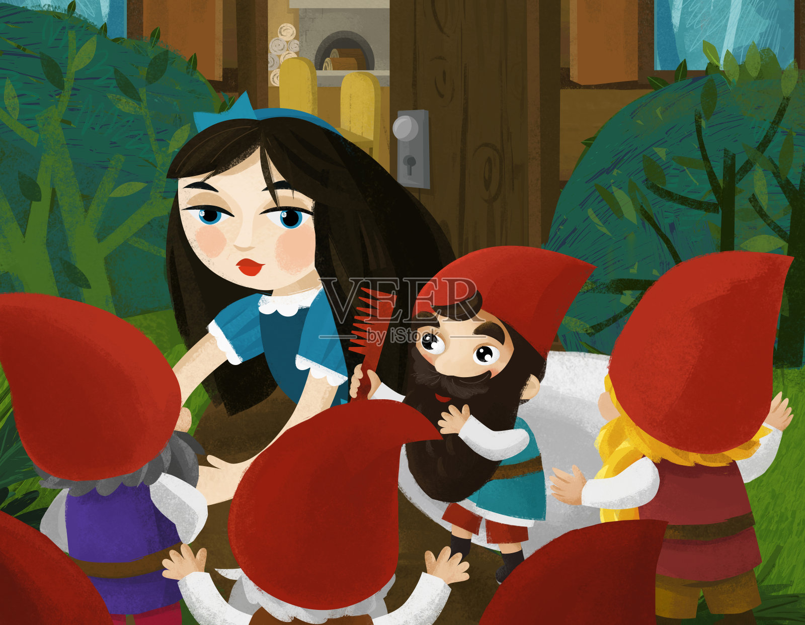 木制农舍附近的卡通公主和小矮人插图插画图片素材