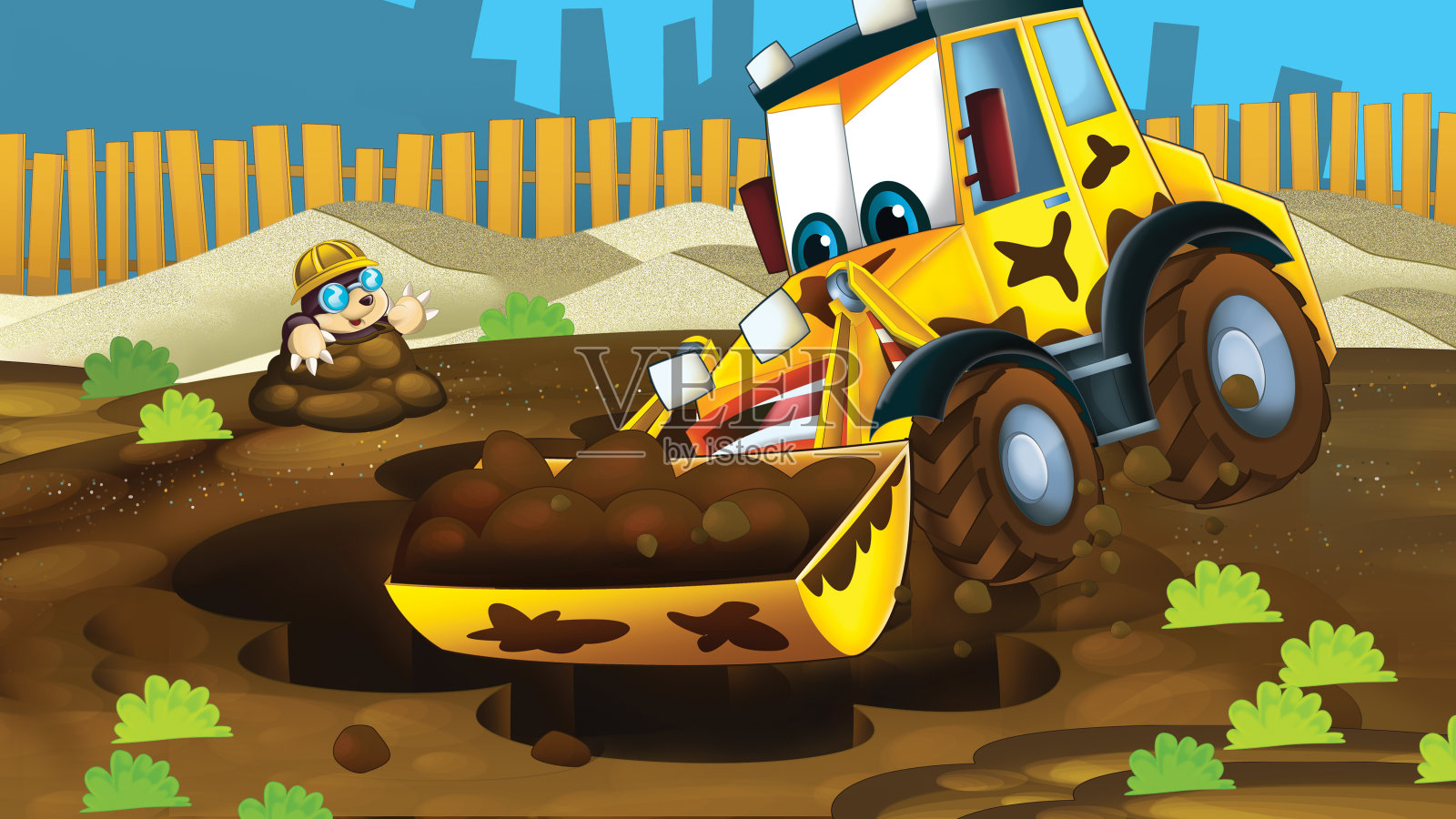 卡通挖掘机在施工现场插画图片素材