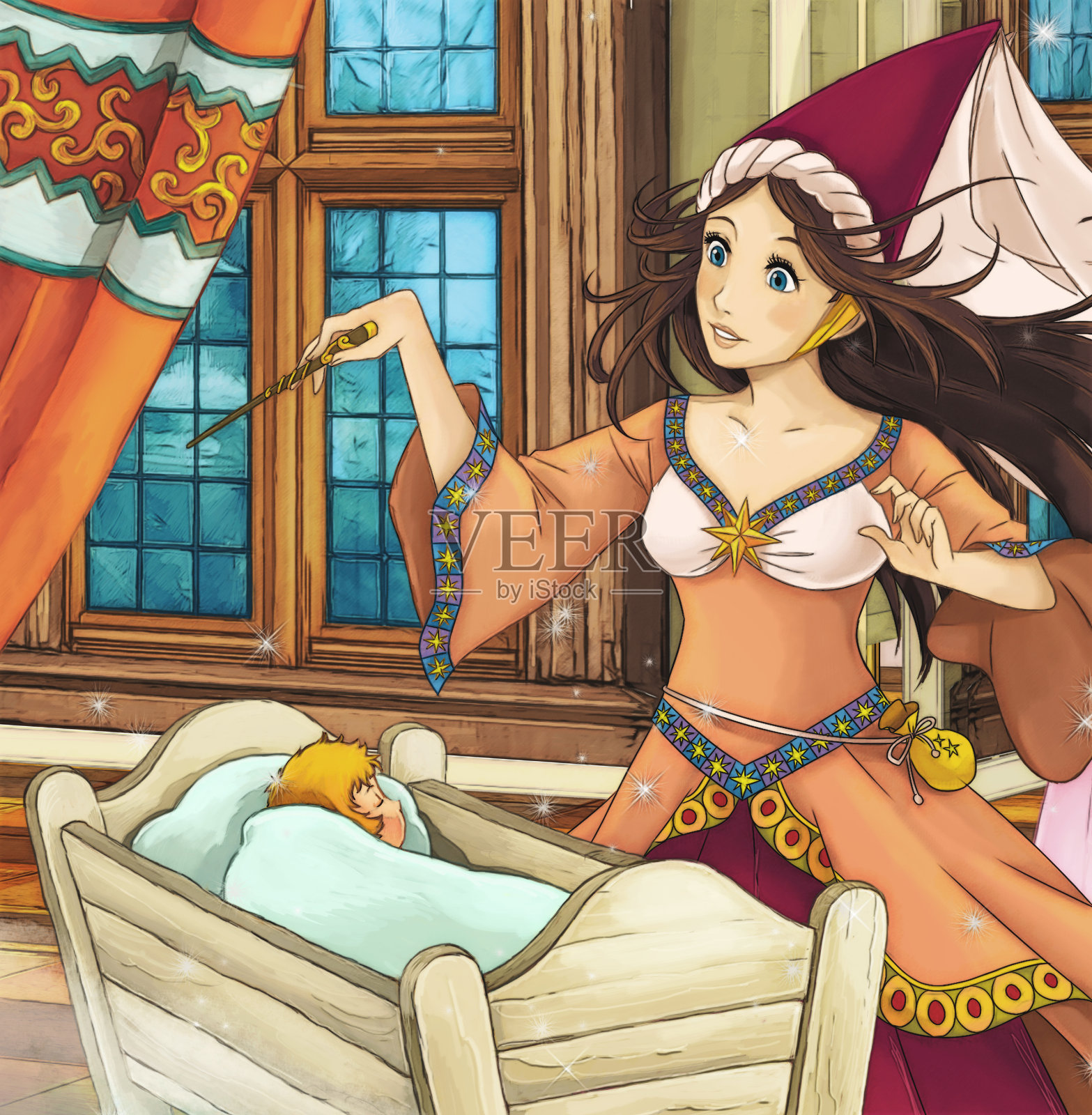 卡通公主和孩子在城堡插图插画图片素材