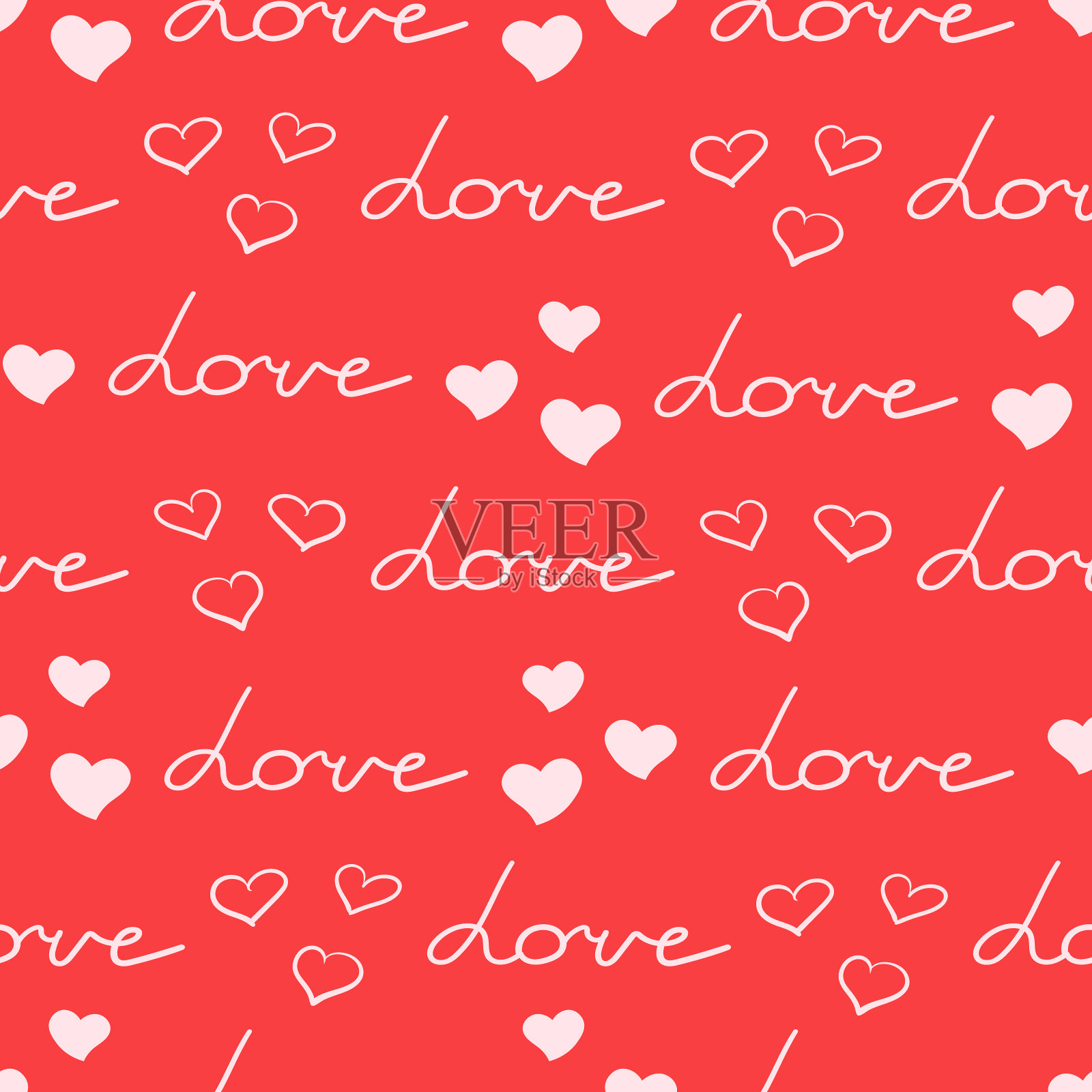 红色背景上带有心形和“爱”字样的无缝图案插画图片素材
