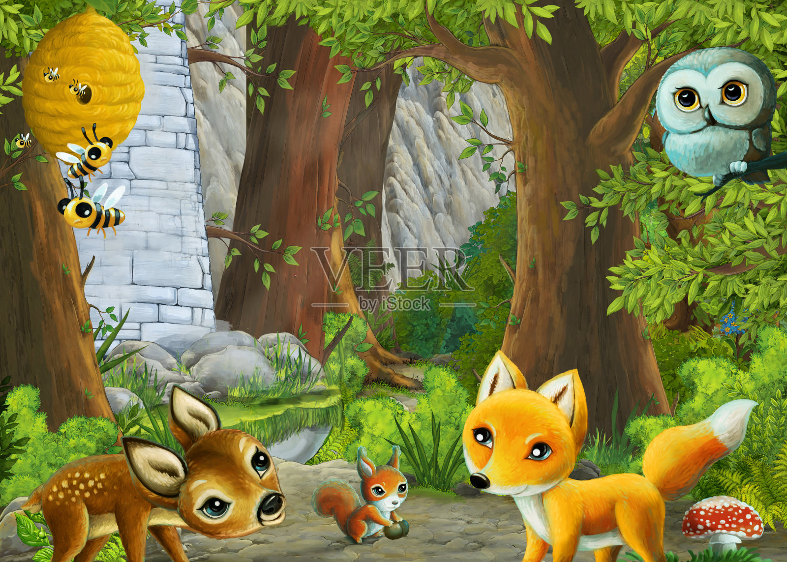 卡通自然场景附近的森林与路径插图插画图片素材