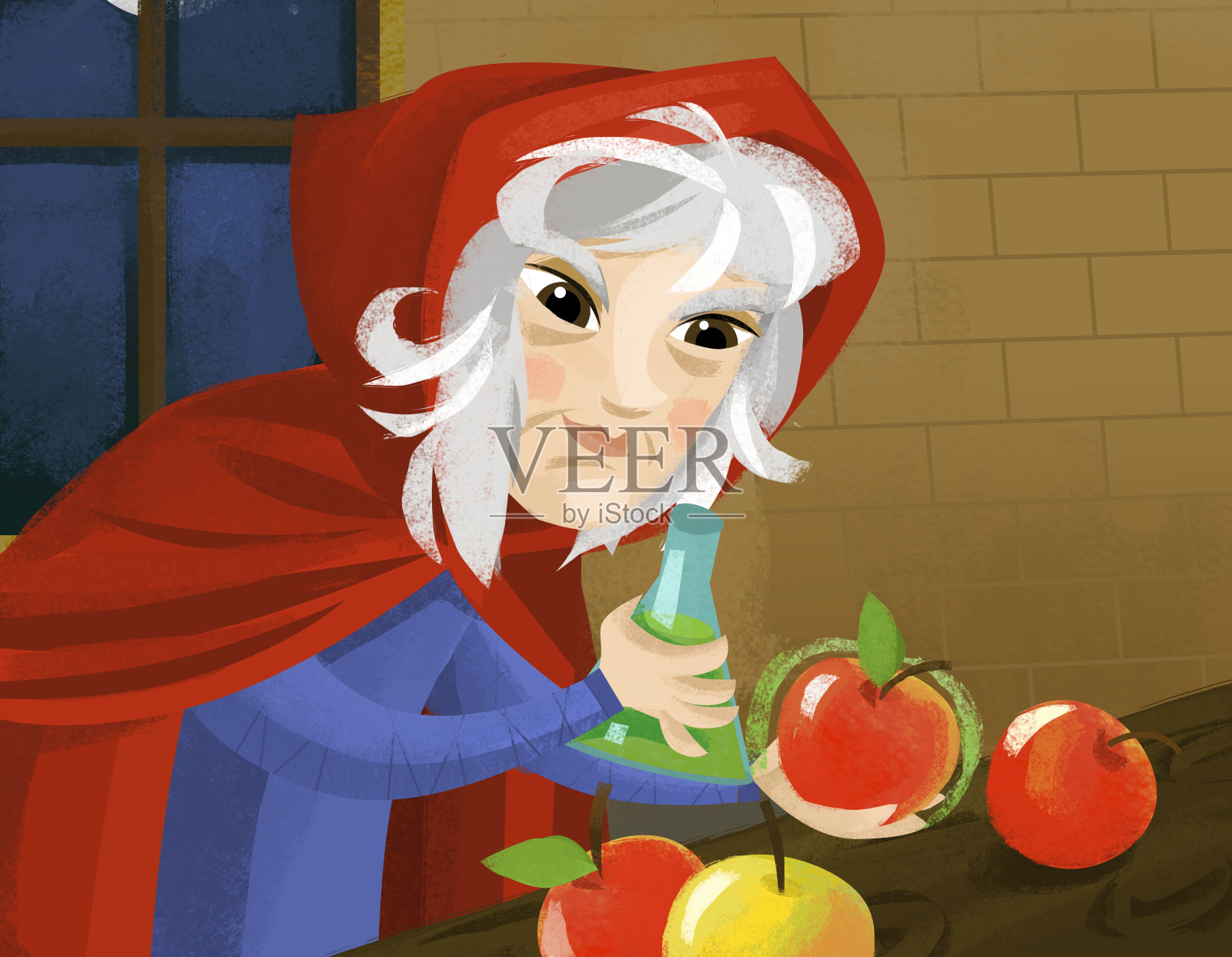 卡通场景与老巫婆与魔法苹果插图插画图片素材