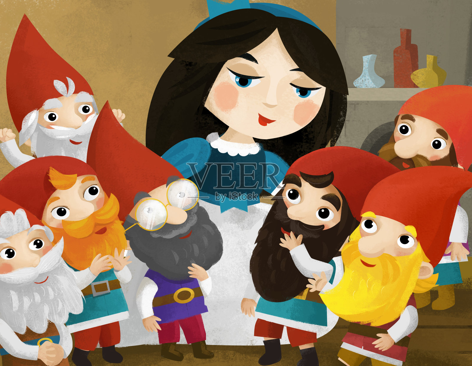 卡通场景与女孩公主和小矮人插图插画图片素材