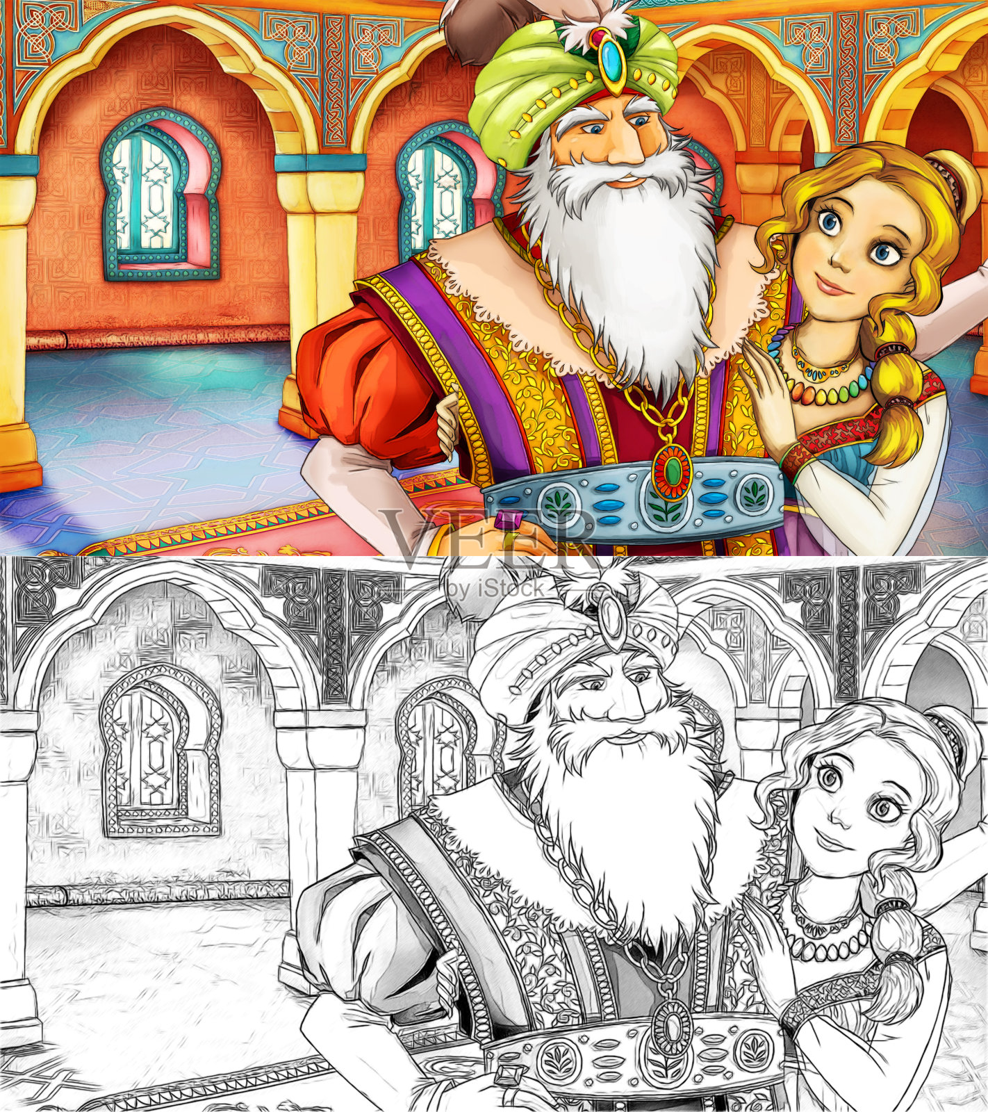 王子在城堡房间的卡通场景-插图插画图片素材