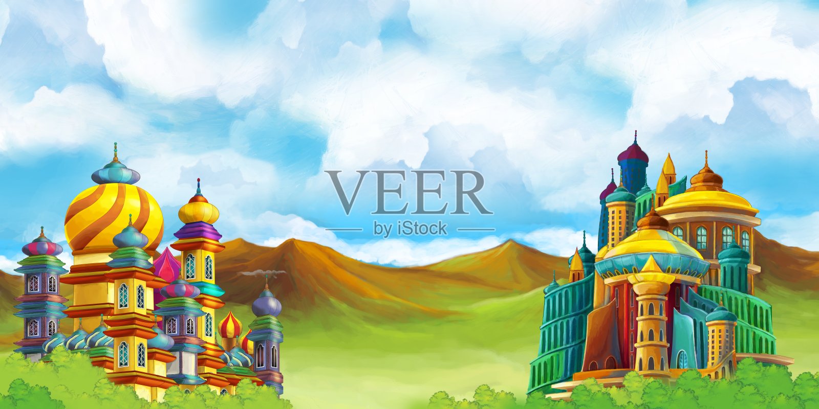 卡通场景与美丽的中世纪城堡-远东王国-儿童插图插画图片素材