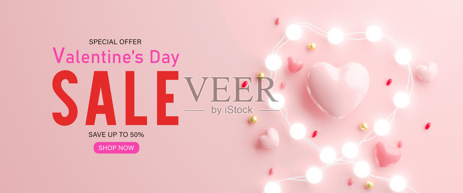 3 d渲染。情人节出售心形气球，礼盒和球灯装饰。节日插图横幅。为情人节和母亲节设计照片摄影图片