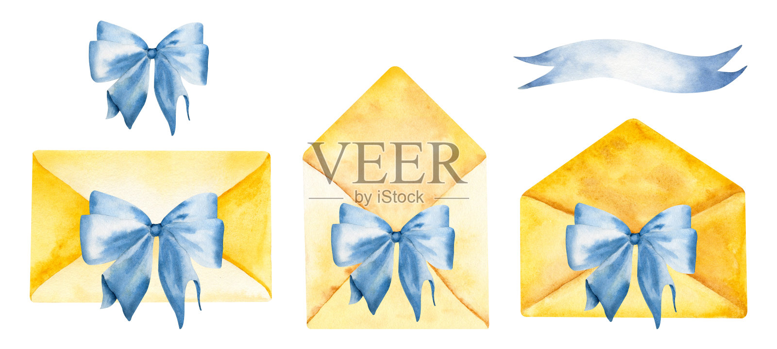 带有蓝色蝴蝶结和彩带的水彩信封。手绘插图组成。插画图片素材