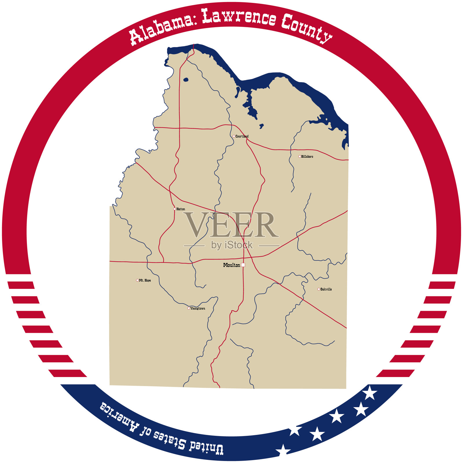 美国阿拉巴马州劳伦斯县地图。插画图片素材