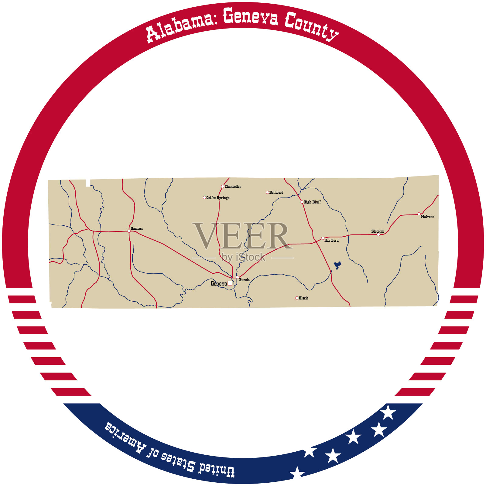 美国阿拉巴马州的日内瓦县地图。插画图片素材