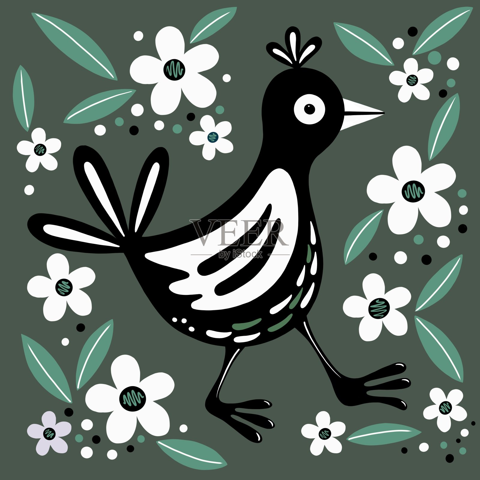 大胆的黑色风格的鸟与图案的胸部，尾巴和头部羽毛。放置在鼠尾草绿色背景与白花和绿叶。插画图片素材