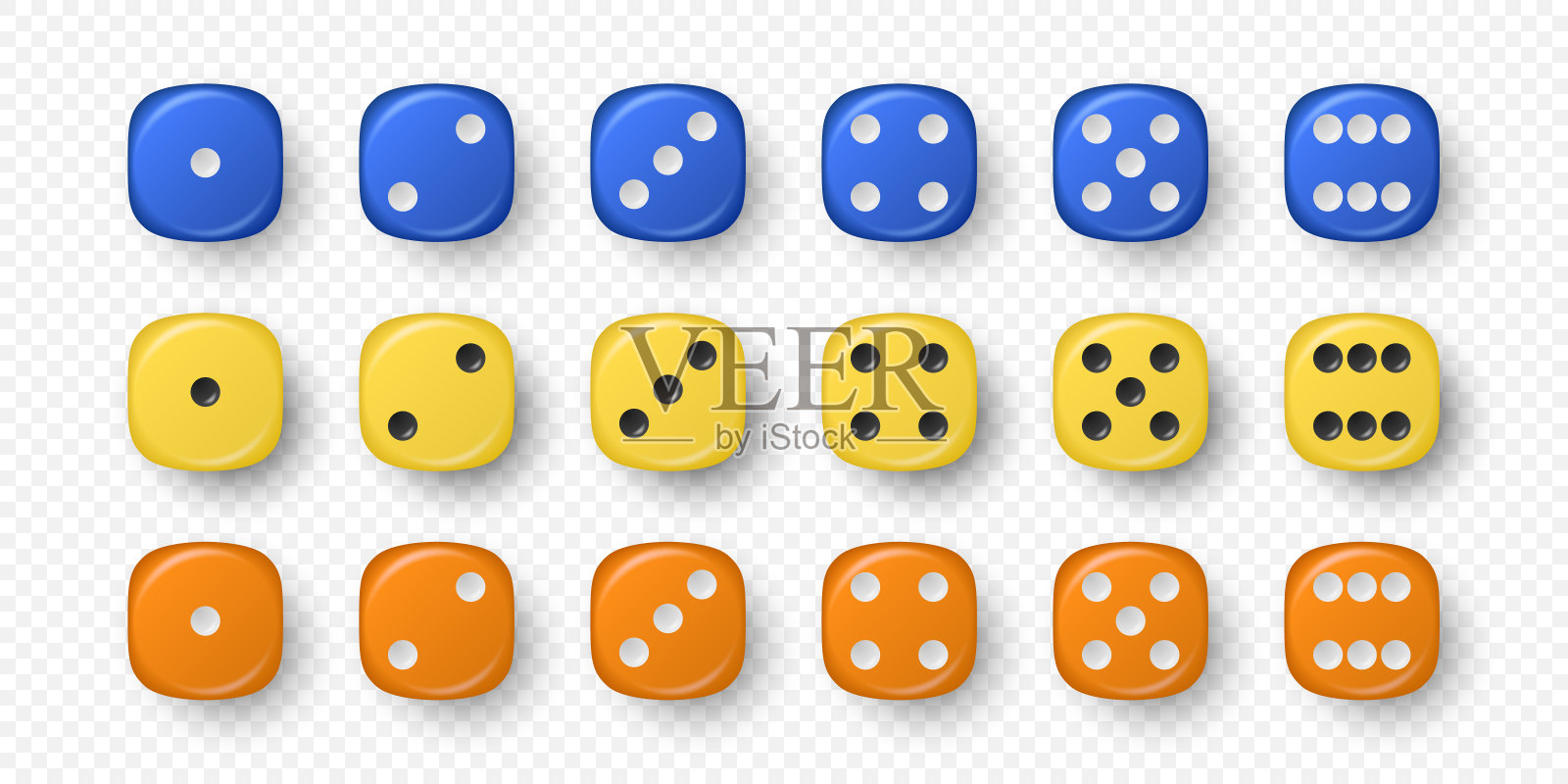 矢量3d逼真的蓝色，黄色，橙色游戏骰子图标设置特写隔离。游戏方块赌博，赌场骰子从一个到六个点，圆的边缘插画图片素材