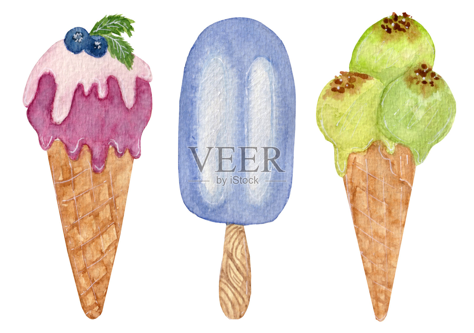 明亮的水彩夏日系列与不同的冰淇淋，孤立在白色的背景。插画图片素材