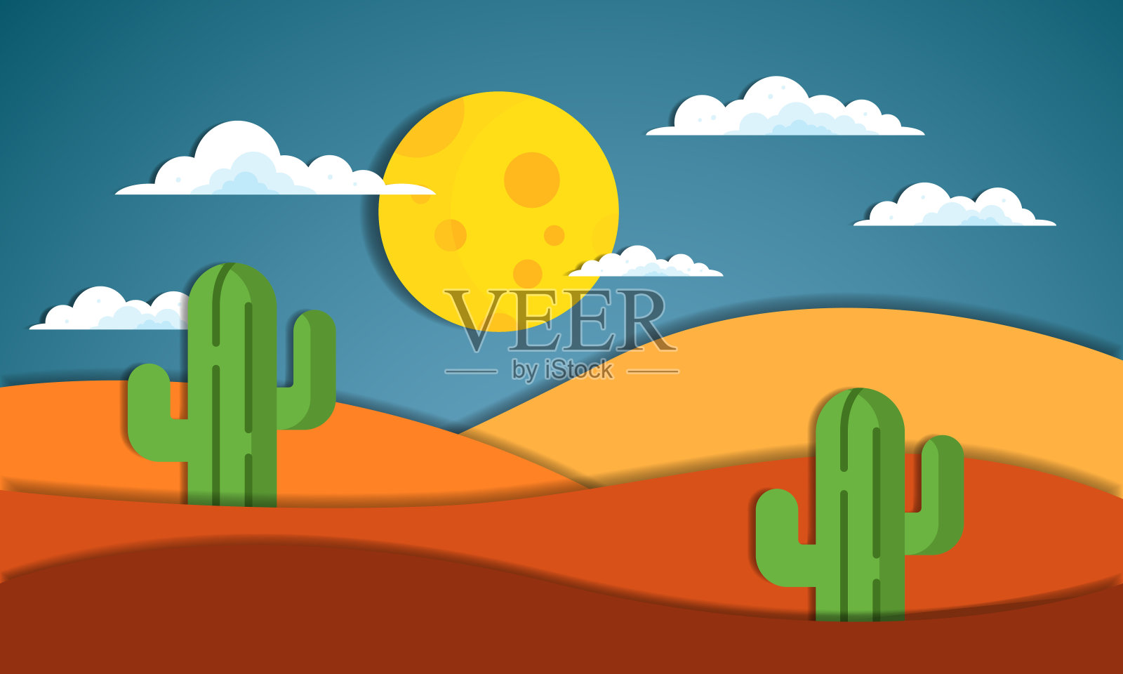 仙人掌在夜间沙漠景观与纸艺术风格矢量插图插画图片素材