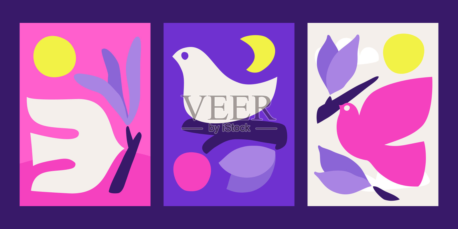 和平抛出橄榄枝。天真的鸟在白天和晚上。抽象矢量插图的极简主义海报或简单的贺卡插画图片素材