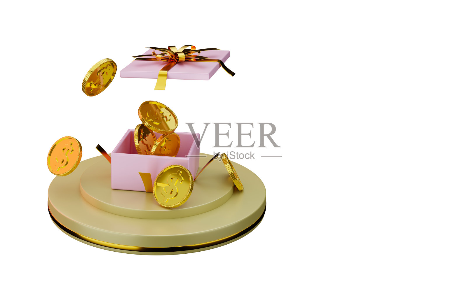 3d渲染硬币在礼盒与孤立的白色背景复制空间文本照片摄影图片