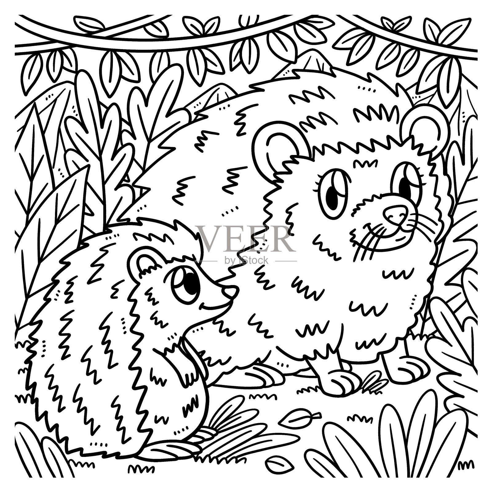 刺猬妈妈和刺猬孩子涂色页插画图片素材