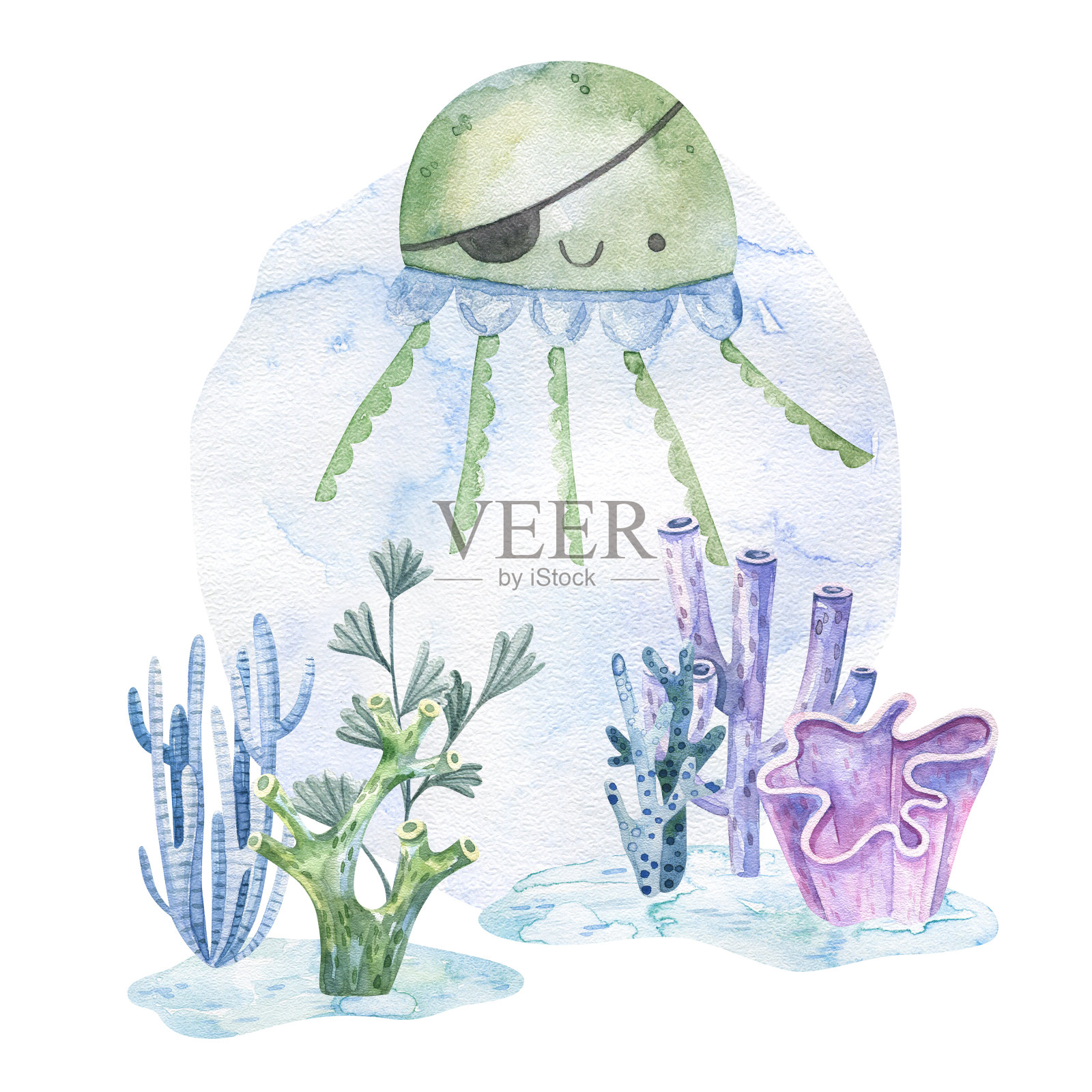 一套海水水彩风格卡片。水下生物，海星，珊瑚，鱼。海洋，航海壁纸，背景。手绘风格。水彩纹理。宝贝，孩子们设计插画图片素材