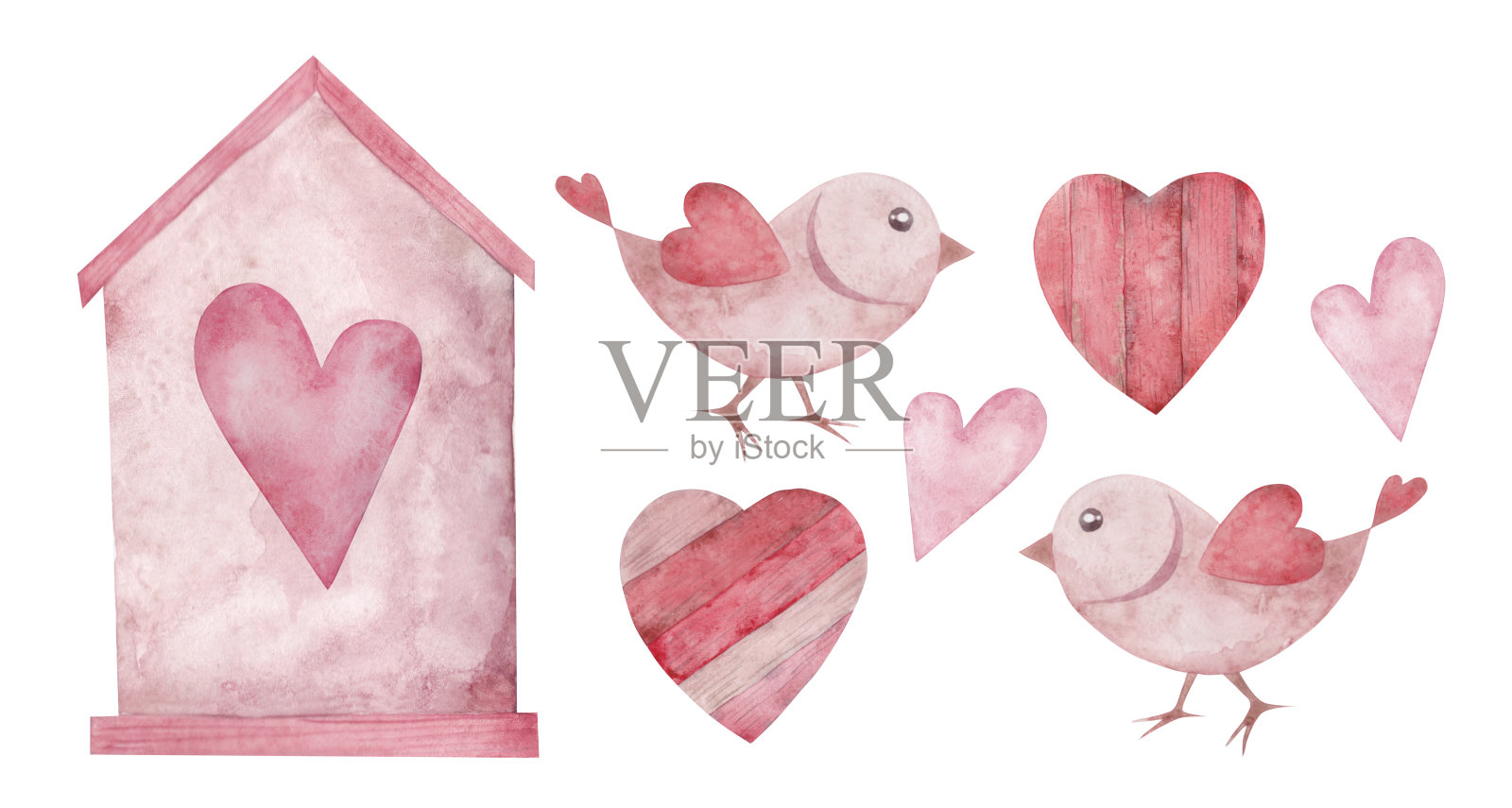 可爱的水彩画浪漫的插图。情人节，婚礼，剪贴簿，请柬的设计元素集。鸟屋，米尔瓦鸟和心脏。插画图片素材