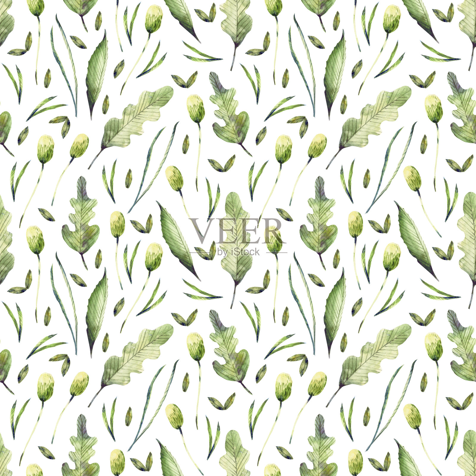 水彩无缝手绘图案叶子。插画图片素材