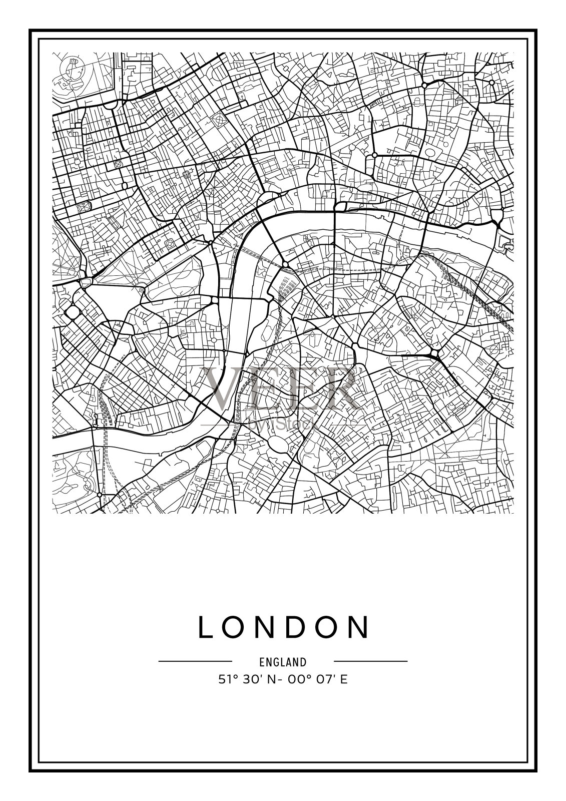 黑白可打印的伦敦城市地图，海报设计，矢量插图。插画图片素材