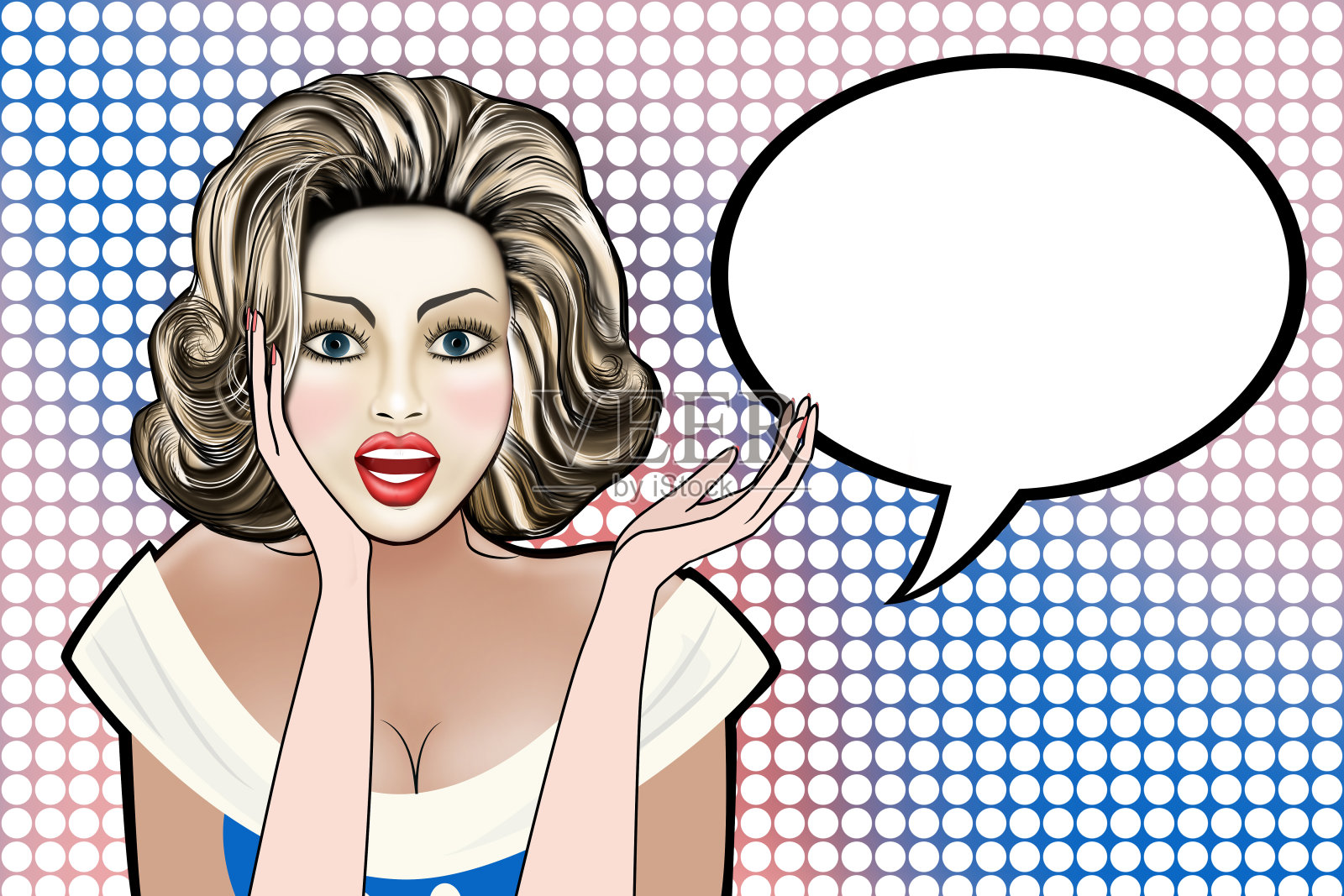 漂亮的波普艺术女人在和别人打手势说话。插画图片素材