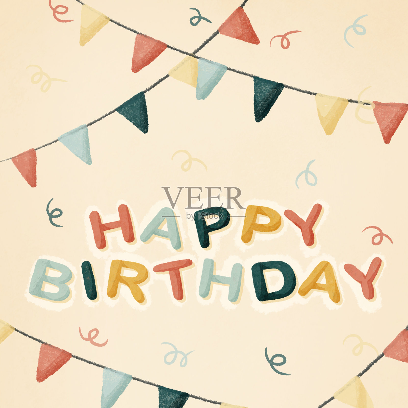 手绘礼品卡生日快乐和节日花环。插画图片素材