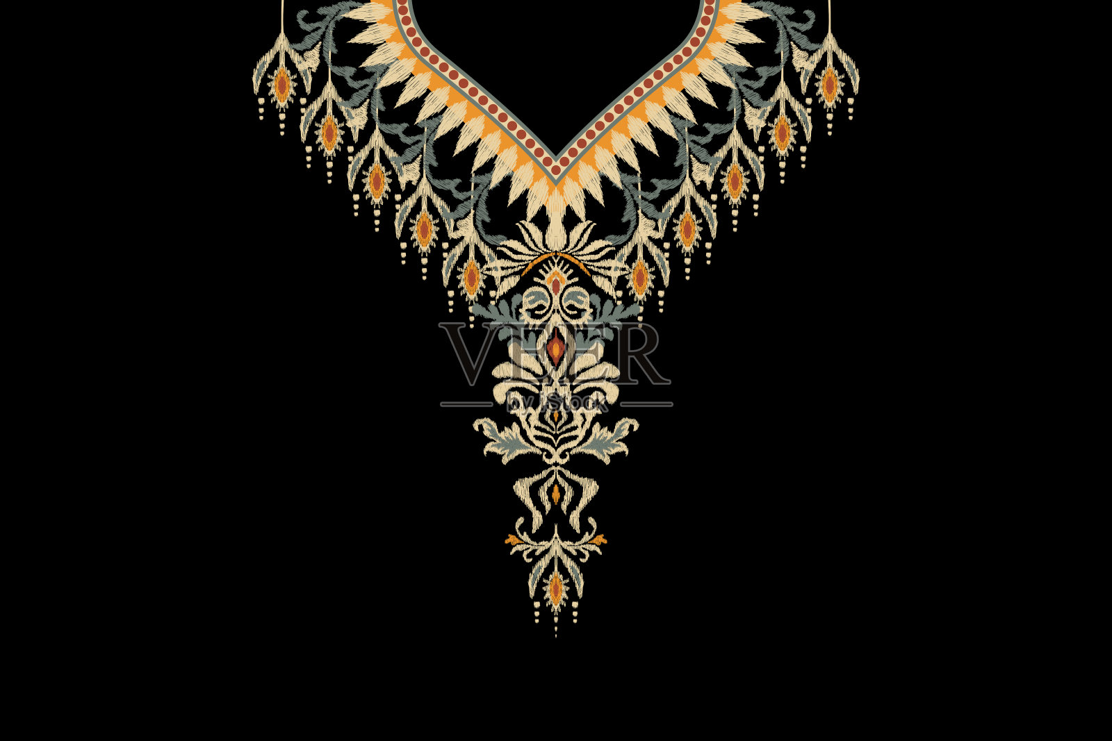 伊卡特印花领口刺绣插画图片素材