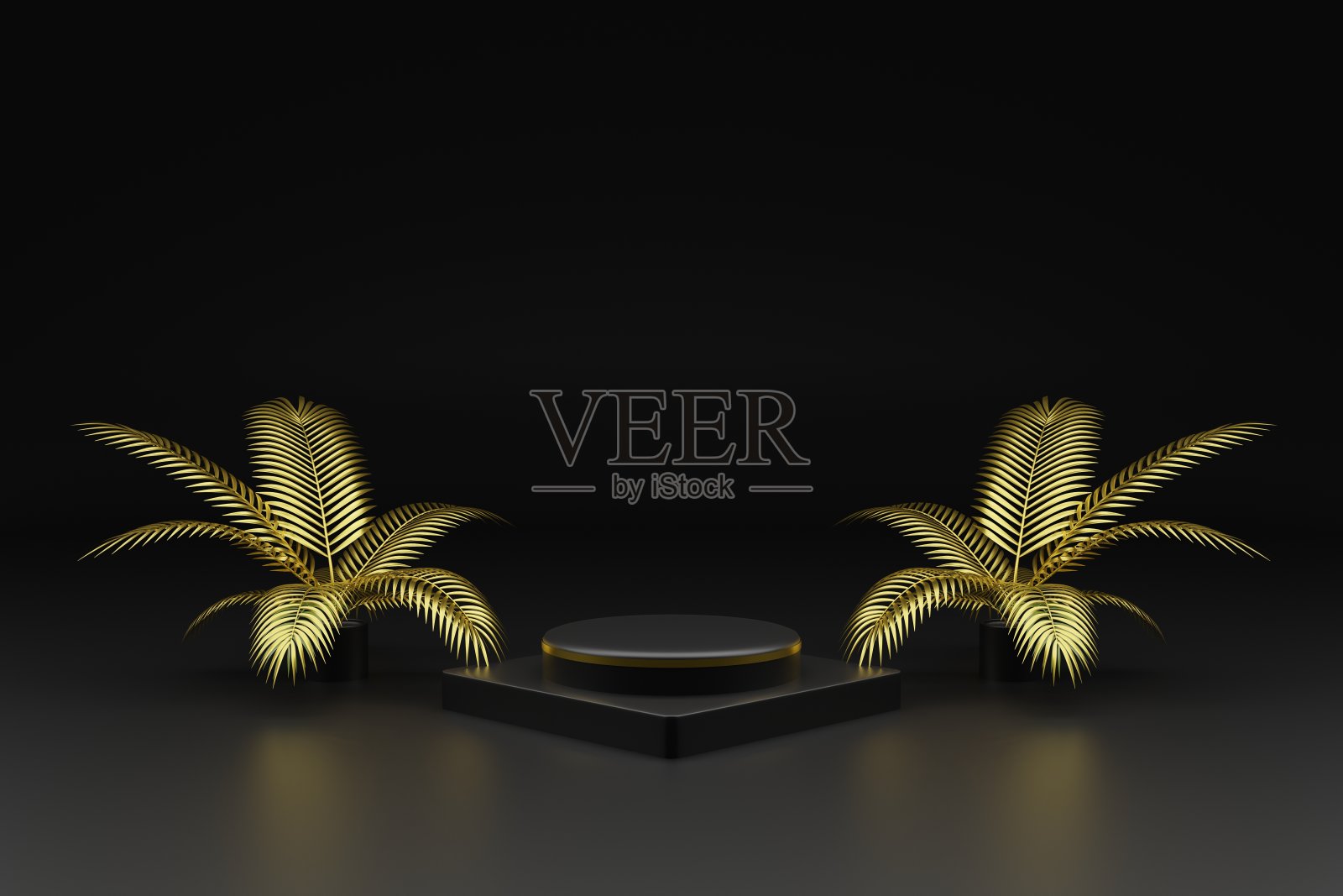 黑色讲台或空白舞台，以自然树叶为背景。背景与工作室模板场景。三维渲染插画图片素材
