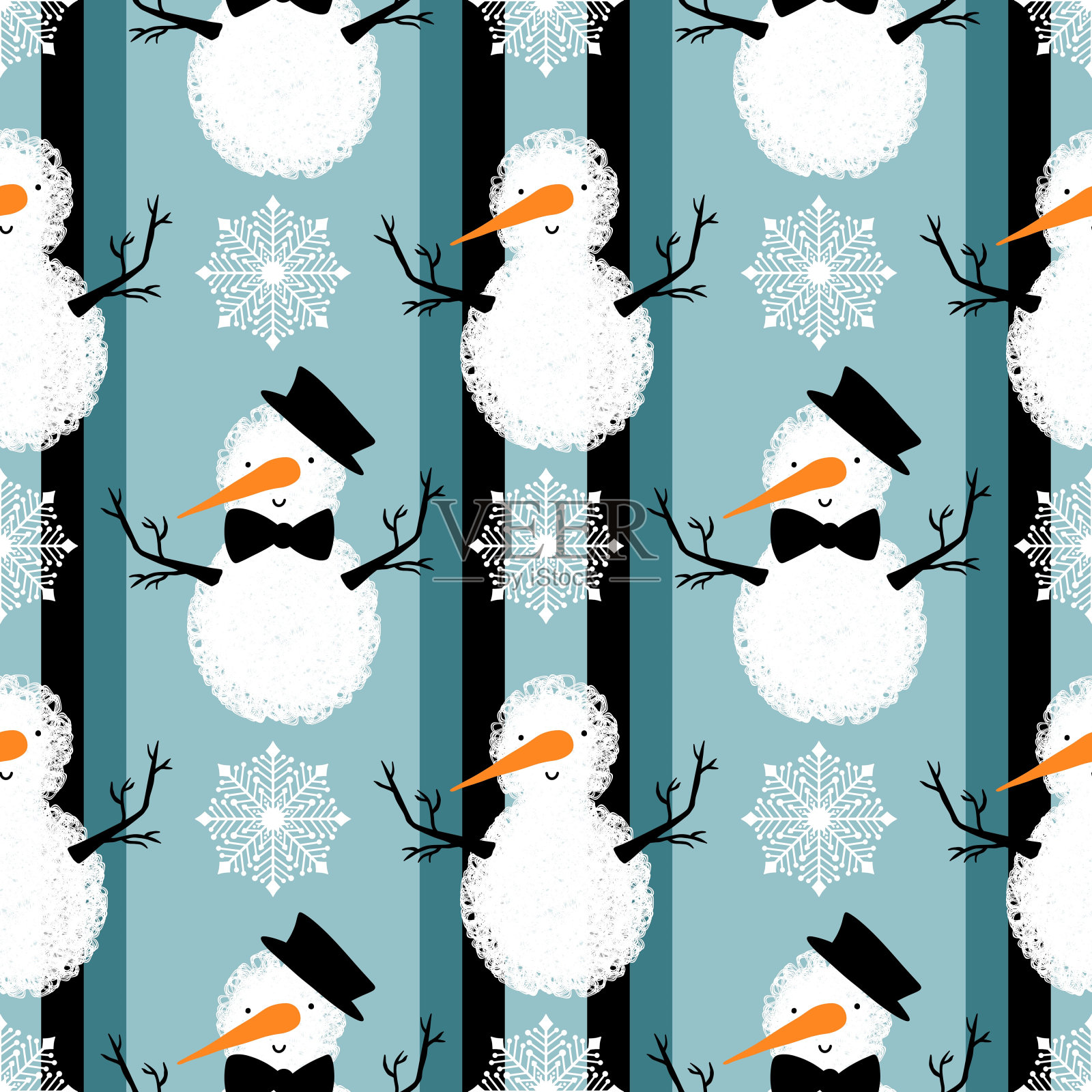 冬季印花与雪人和雪花插画图片素材