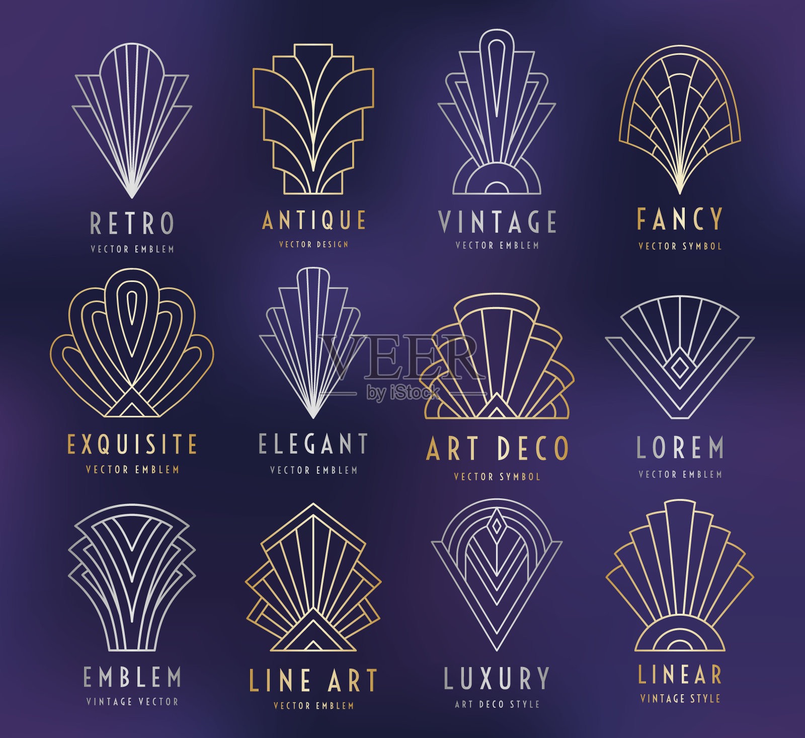 复古几何轮廓符号在暗紫色梯度背景。装饰艺术风格的徽章集。线性金，银金属色元素。EPS 10复古设计矢量插图。插画图片素材
