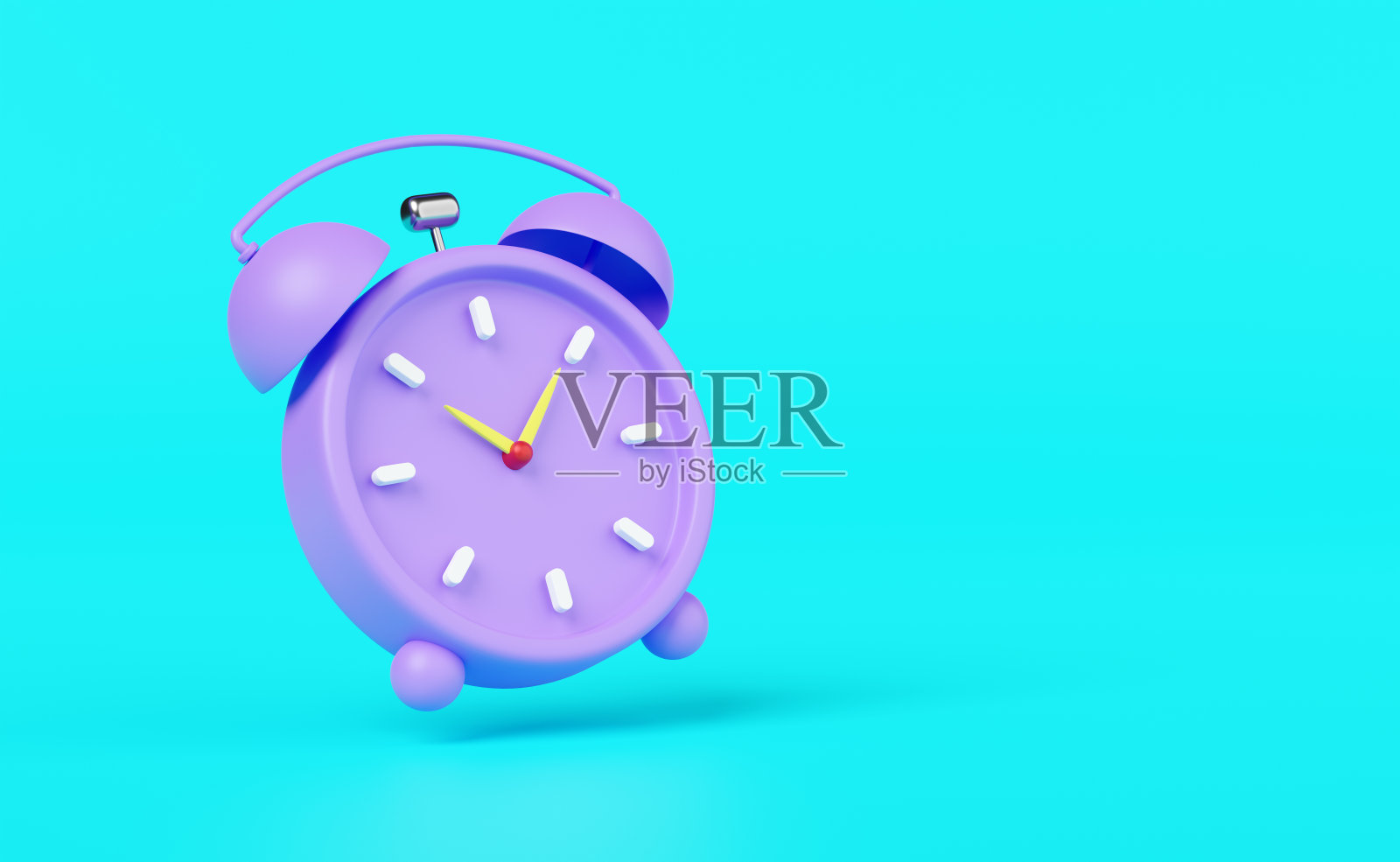 卡通人物紫色或紫色闹钟唤醒时间早上与空间隔离在蓝色背景。概念3d插图或3d渲染照片摄影图片