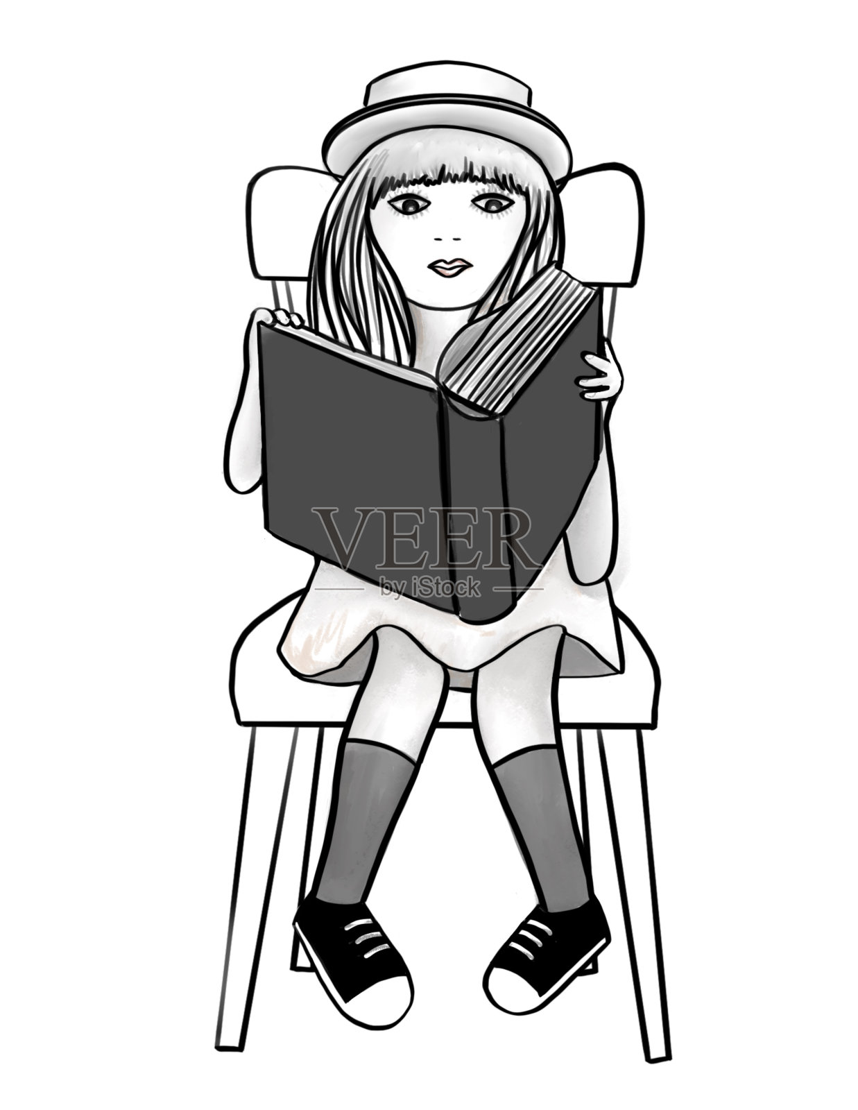 女孩在椅子上看书，手绘插图插画图片素材