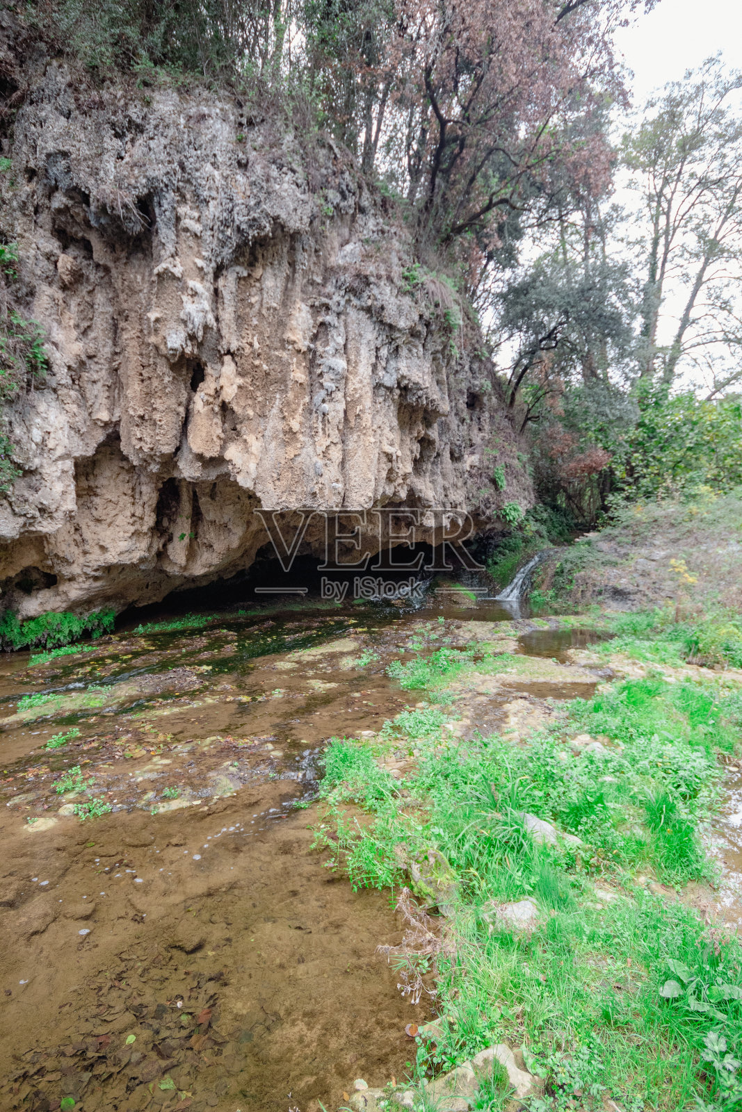 在寒冷的冬天，阴云密布的天空下，冰冷的河水从山下流过，周围环绕着绿树。照片摄影图片