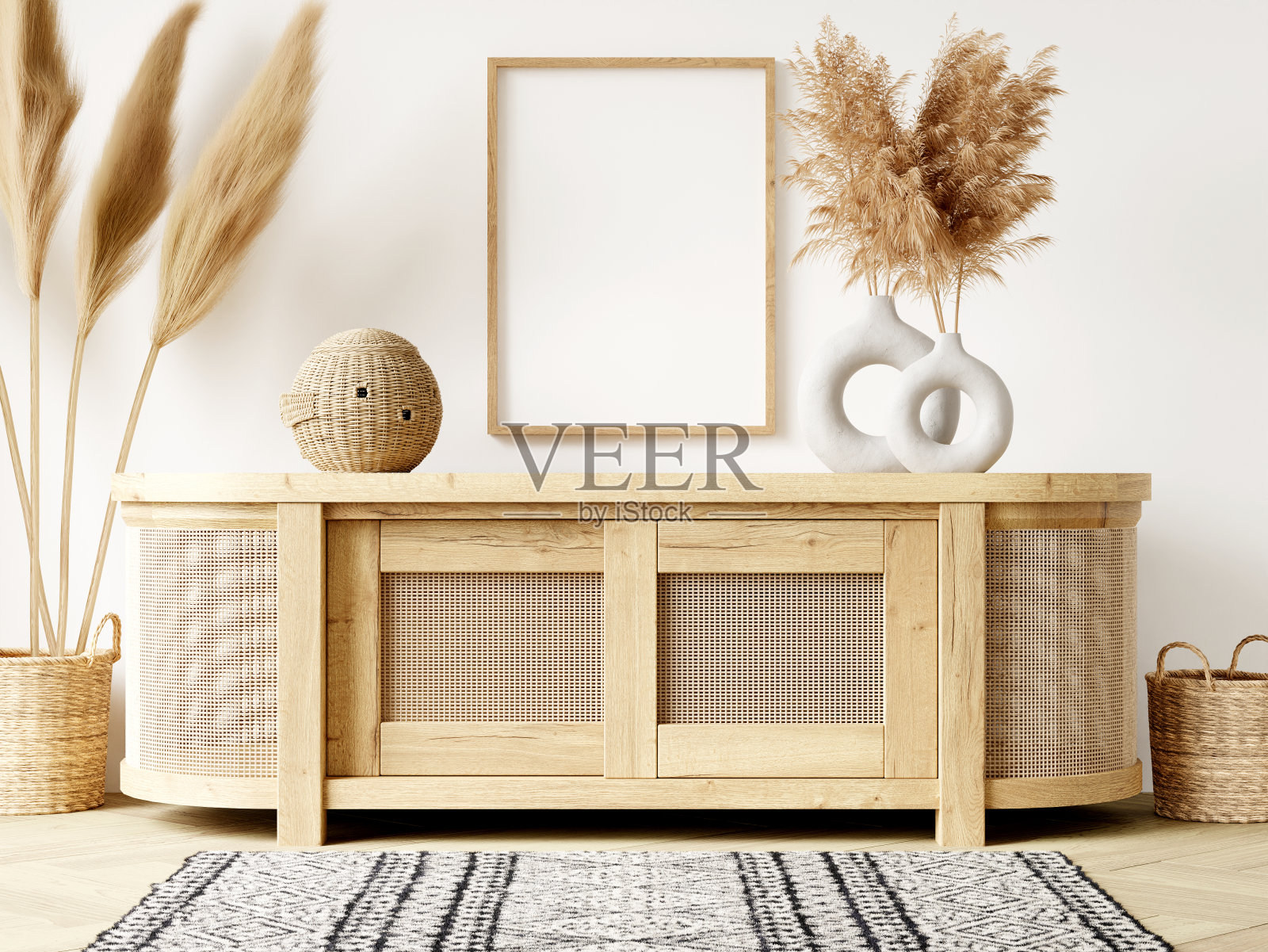 框架和海报模型在波西米亚风格的内部。3d渲染，3d插图照片摄影图片